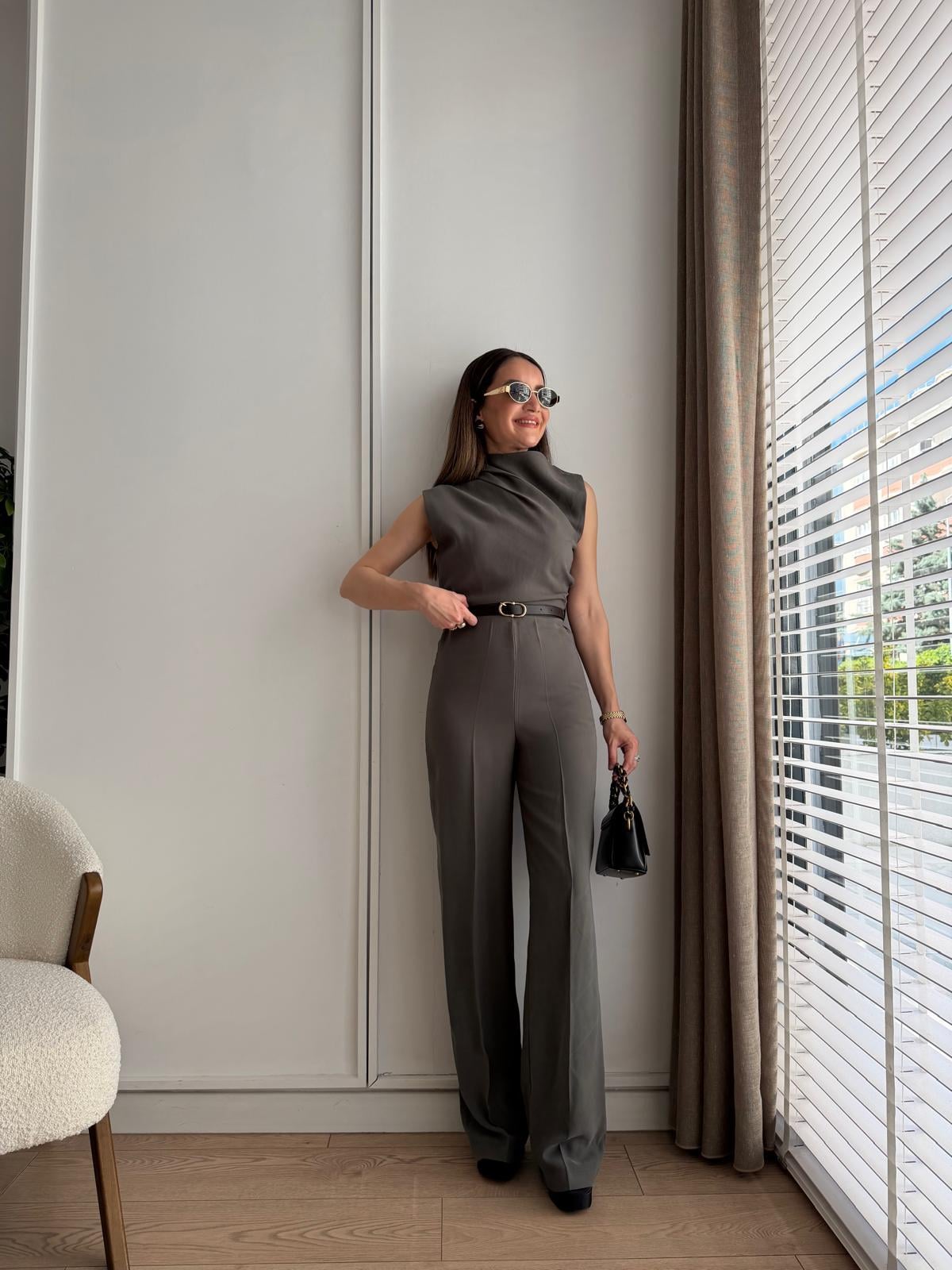 Haki Yaka Detaylı Kemerli Tulum 580955