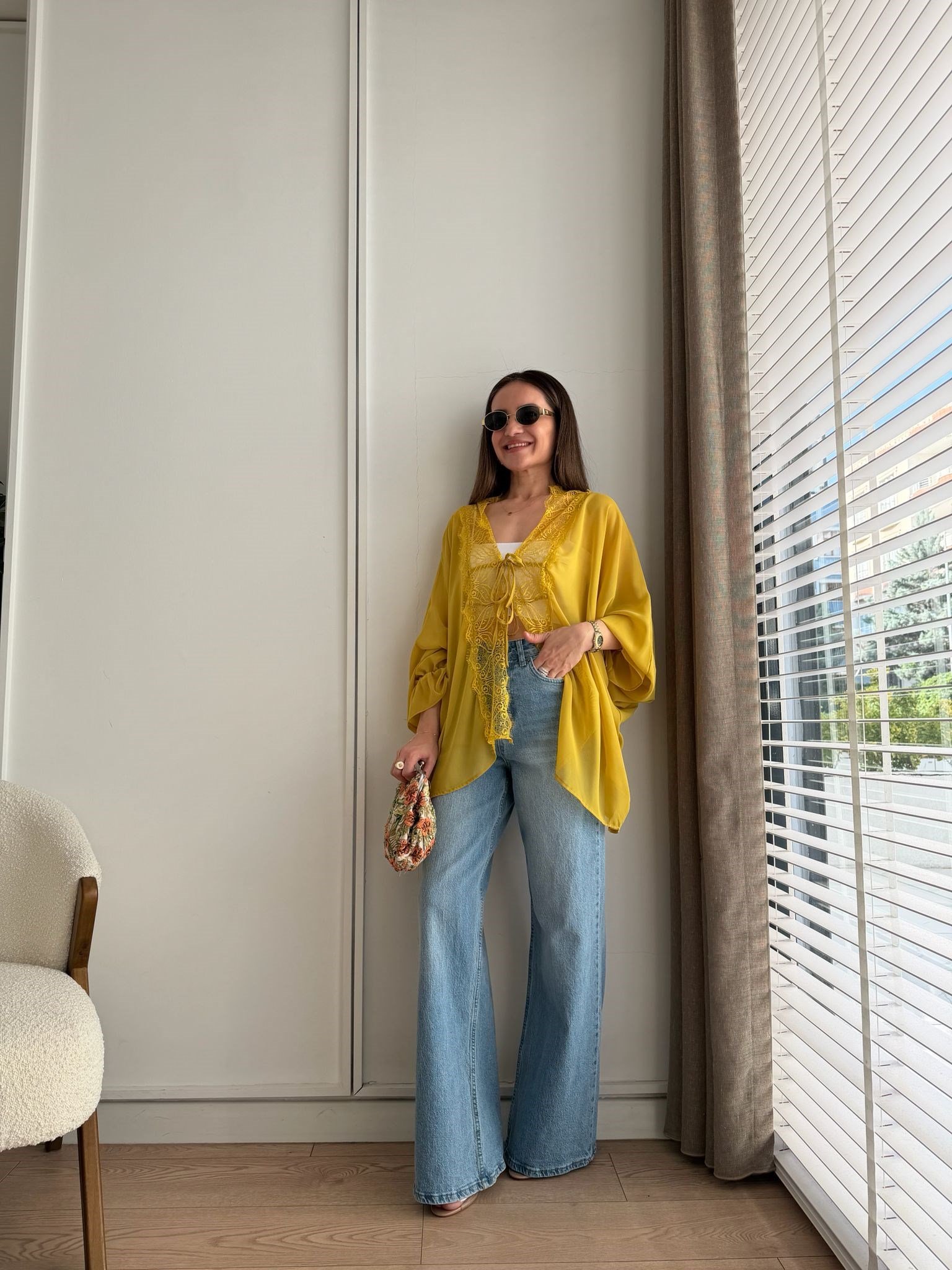 Hardal Dantel Detaylı Bağlamalı Transparan Kimono 1690