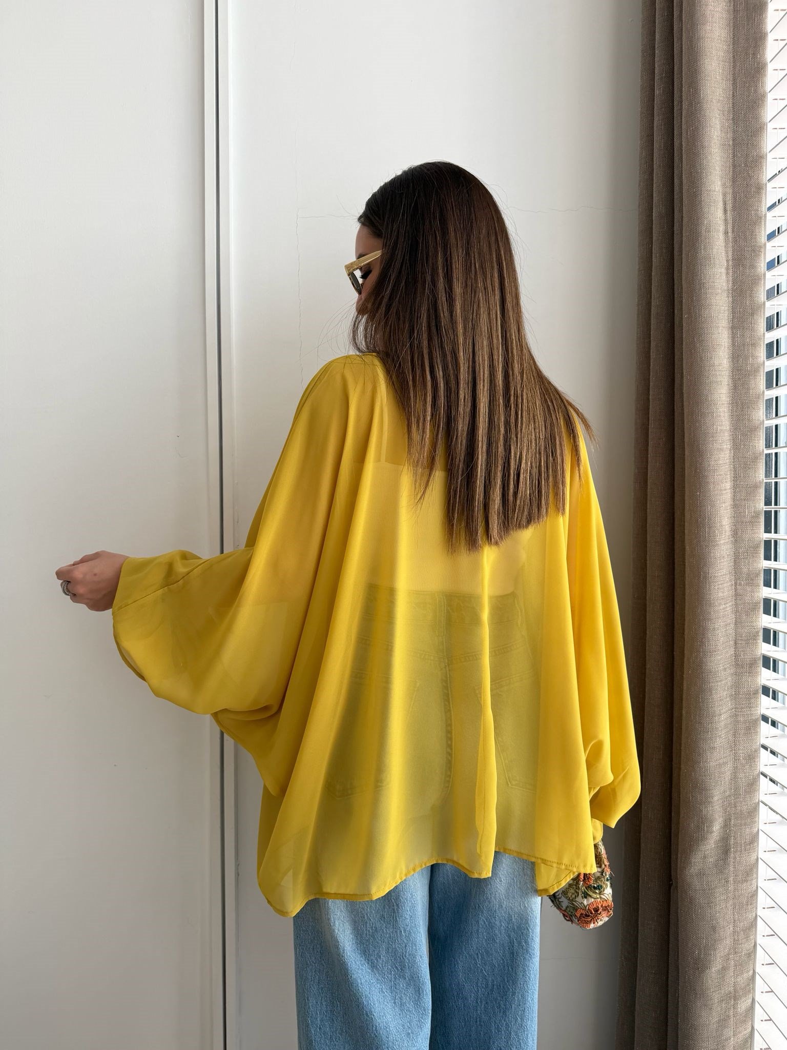 Hardal Dantel Detaylı Bağlamalı Transparan Kimono 1690