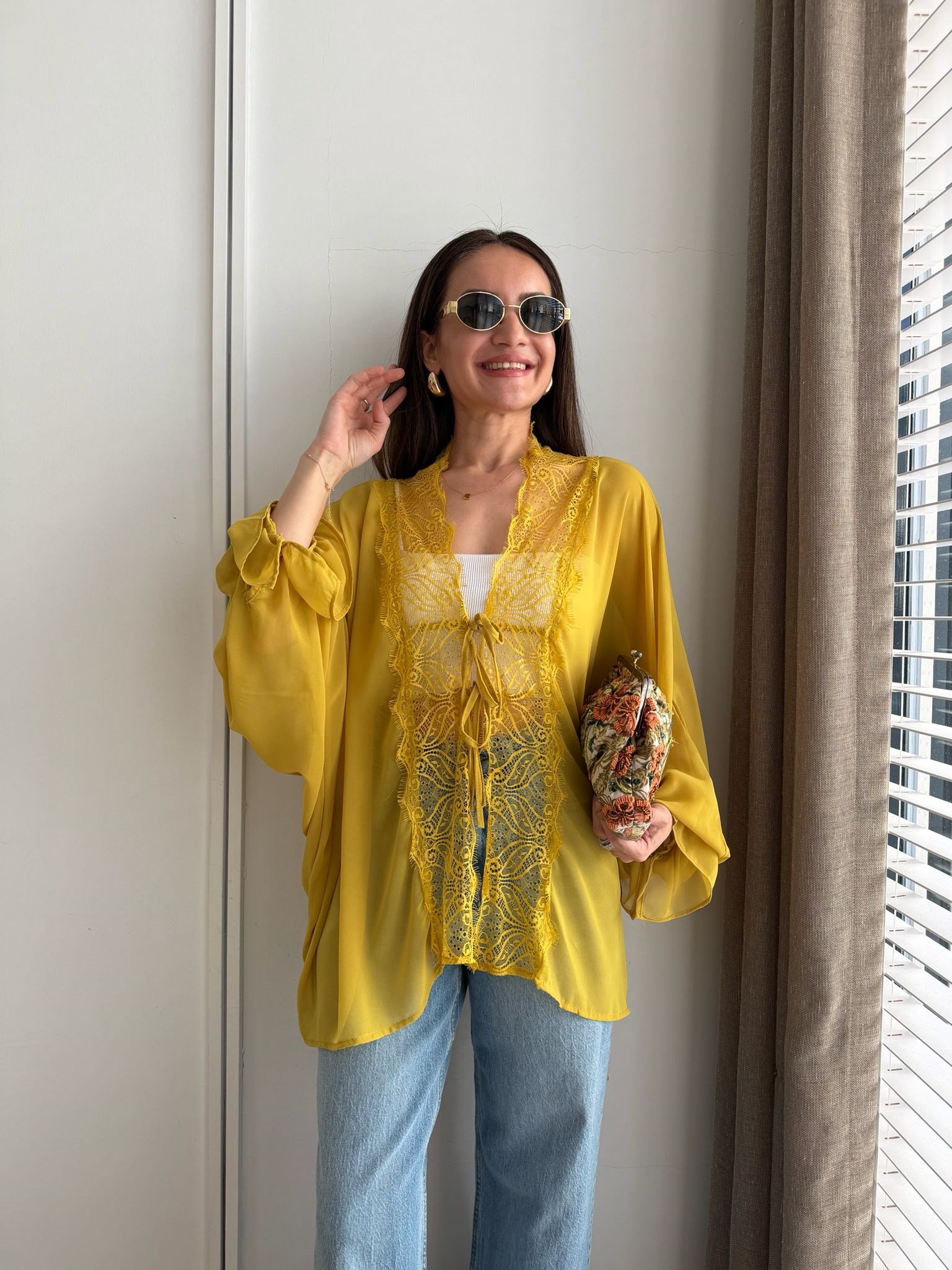 Hardal Dantel Detaylı Bağlamalı Transparan Kimono 1690