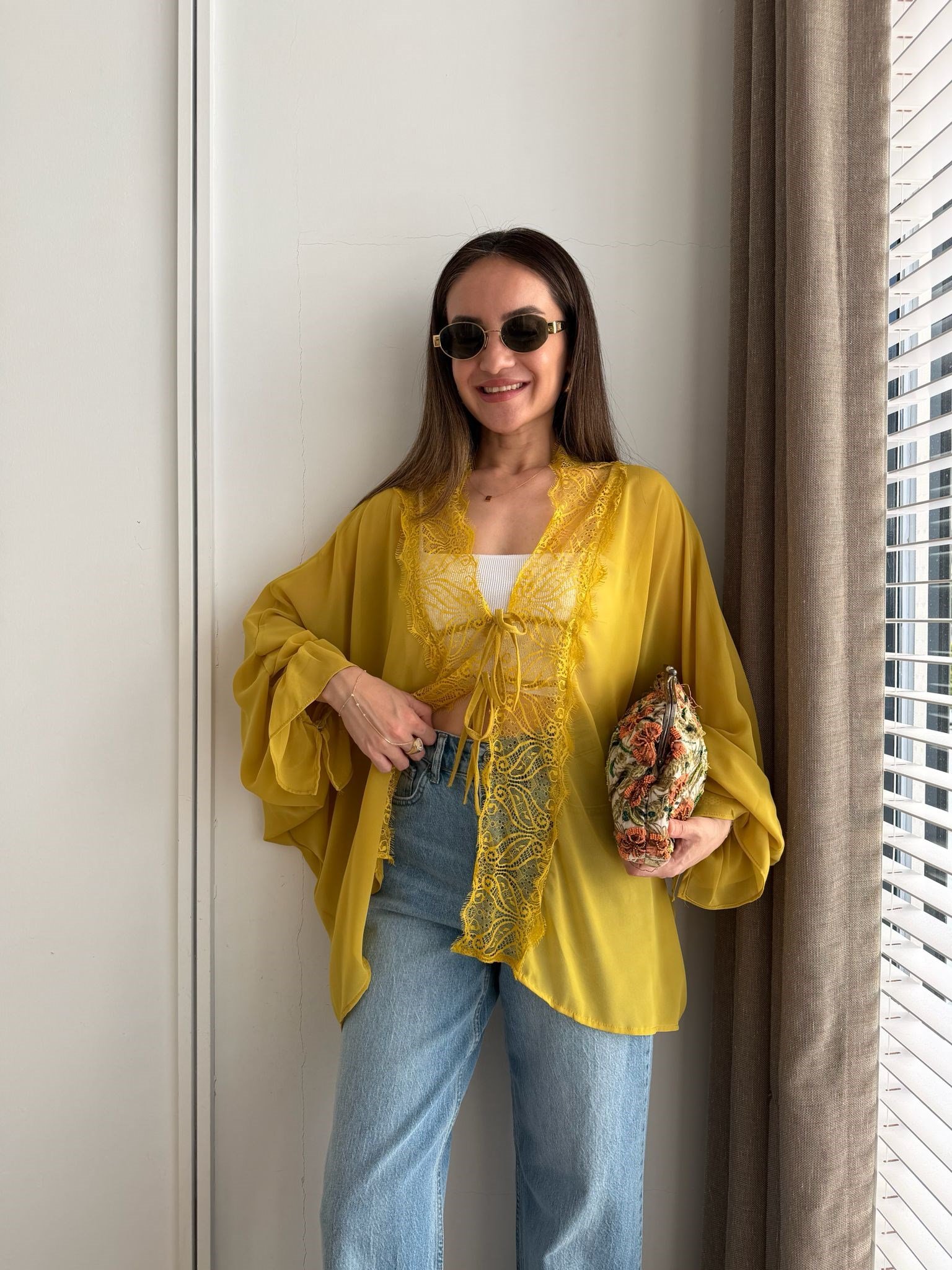 Hardal Dantel Detaylı Bağlamalı Transparan Kimono 1690