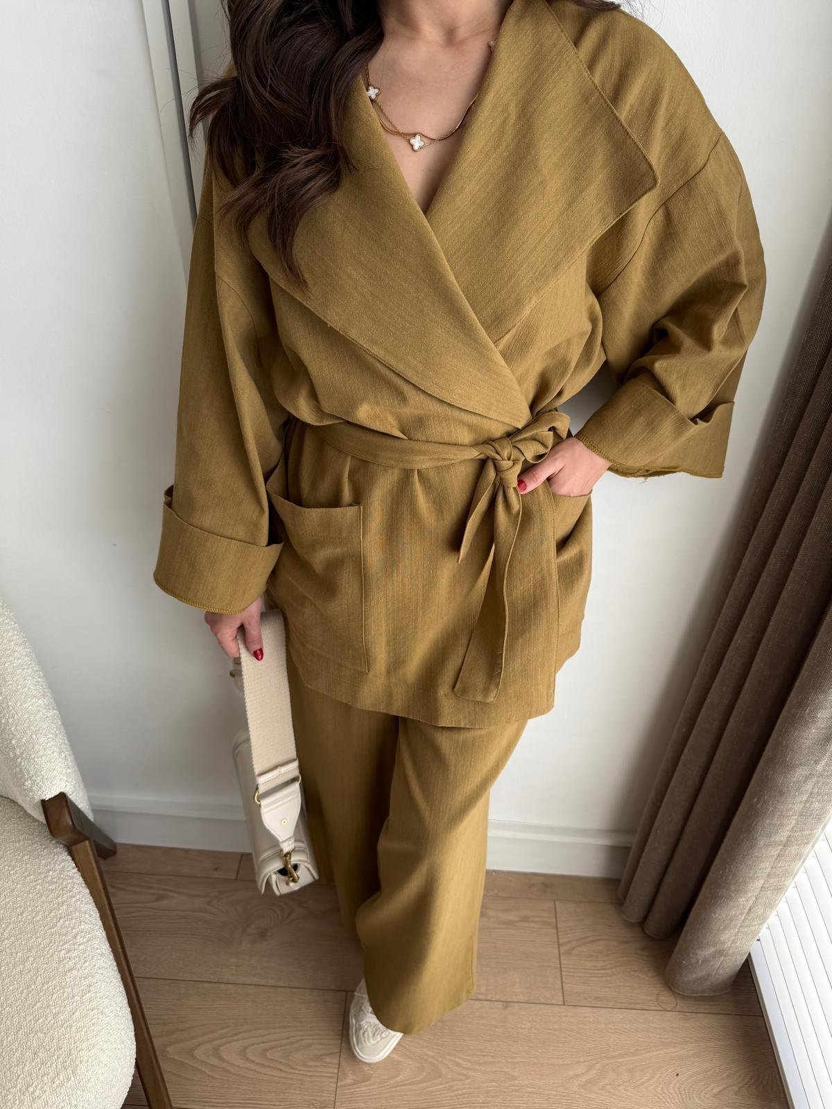 Hardal Kuşaklı Cepli Kimono Takım 8447
