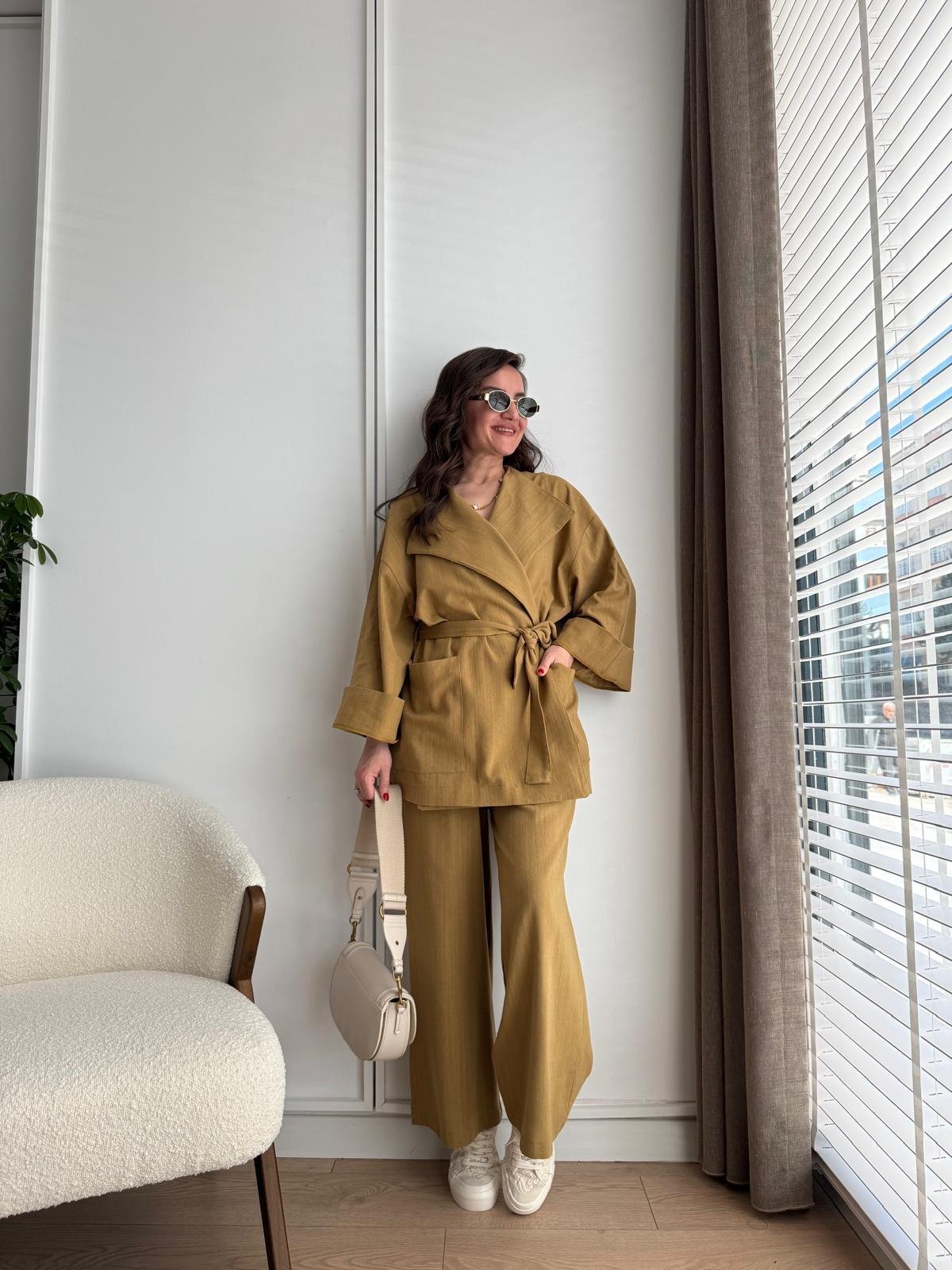 Hardal Kuşaklı Cepli Kimono Takım 8447