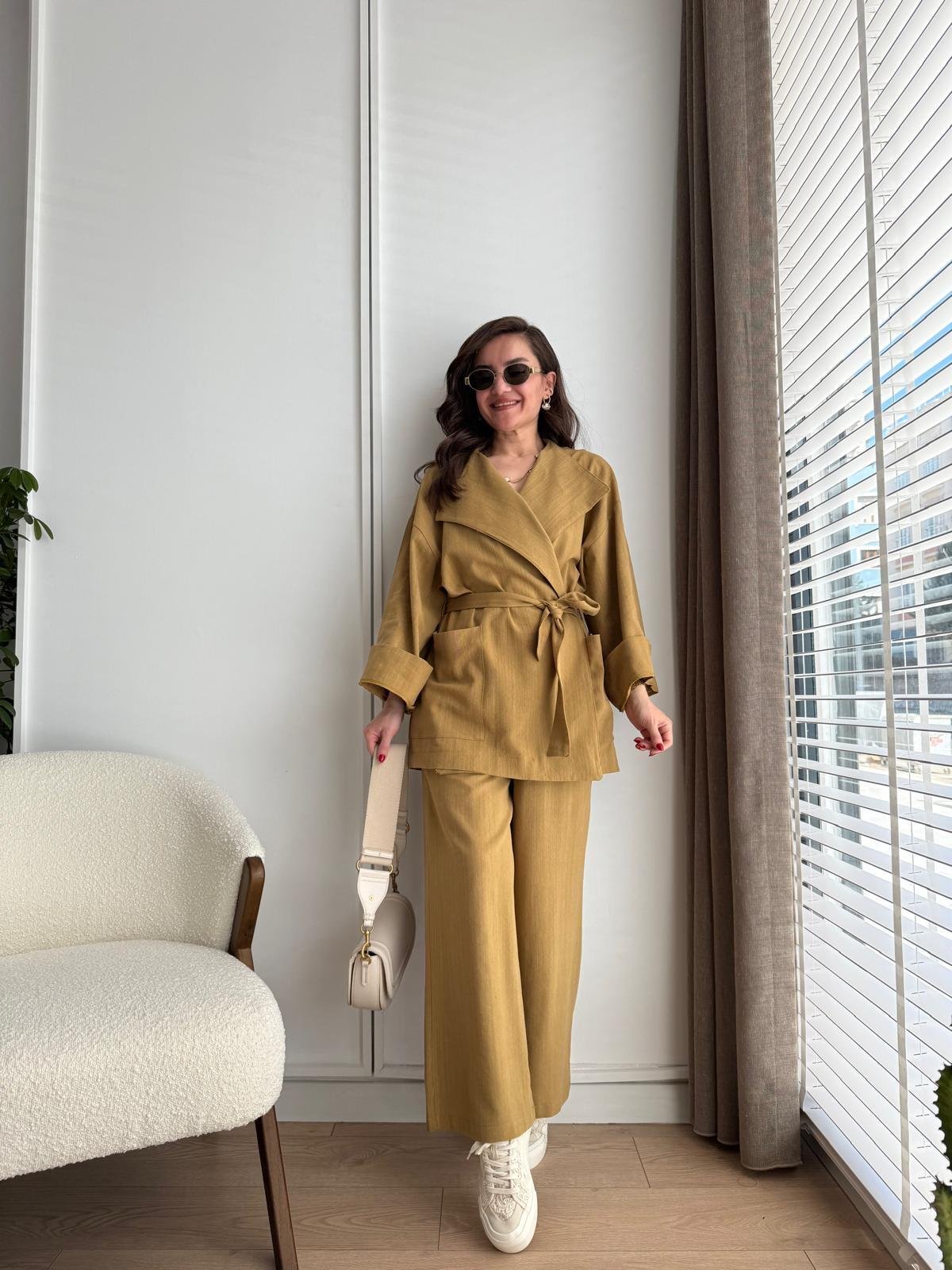 Hardal Kuşaklı Cepli Kimono Takım 8447
