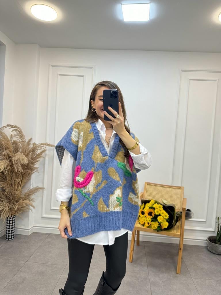İndigo Camel Desenli Süveter Gömlek Takım 93733
