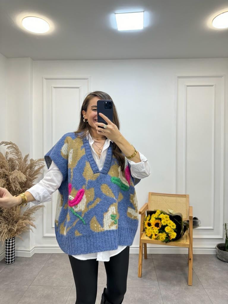 İndigo Camel Desenli Süveter Gömlek Takım 93733