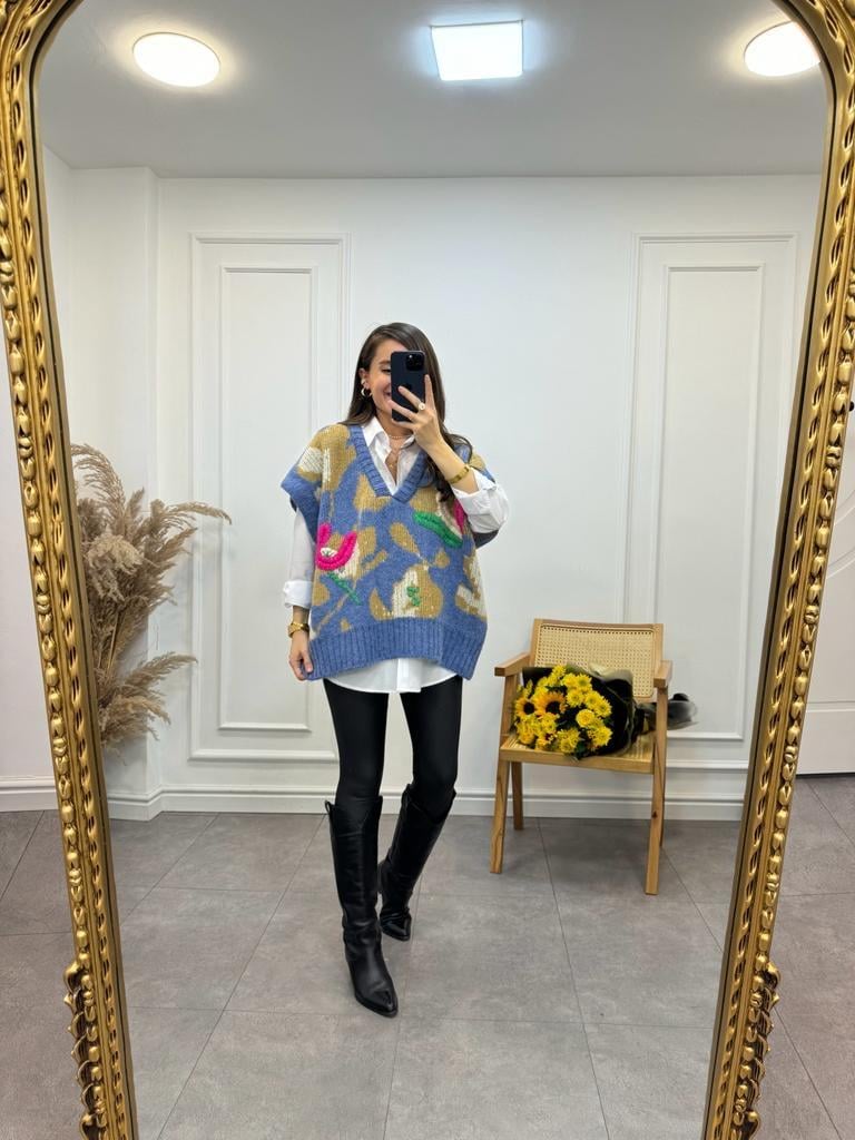 İndigo Camel Desenli Süveter Gömlek Takım 93733