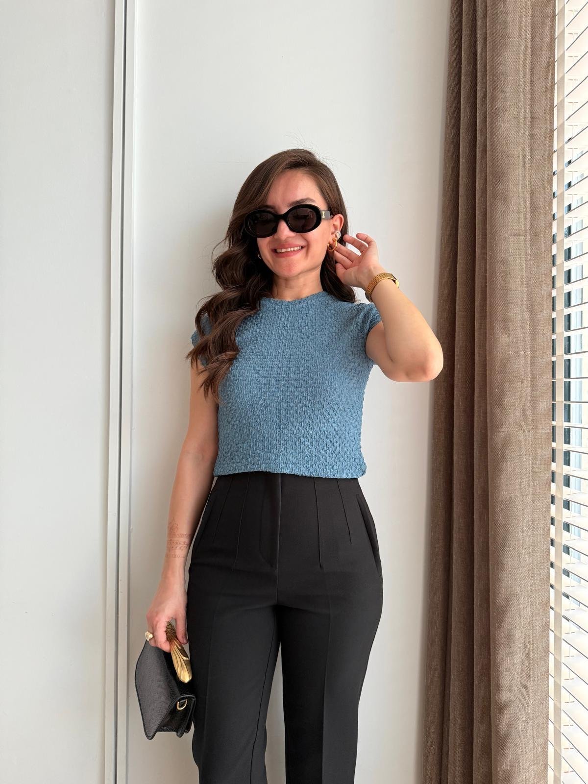 İndigo Gofre Kumaş Bisiklet Yaka Tshirt 08634