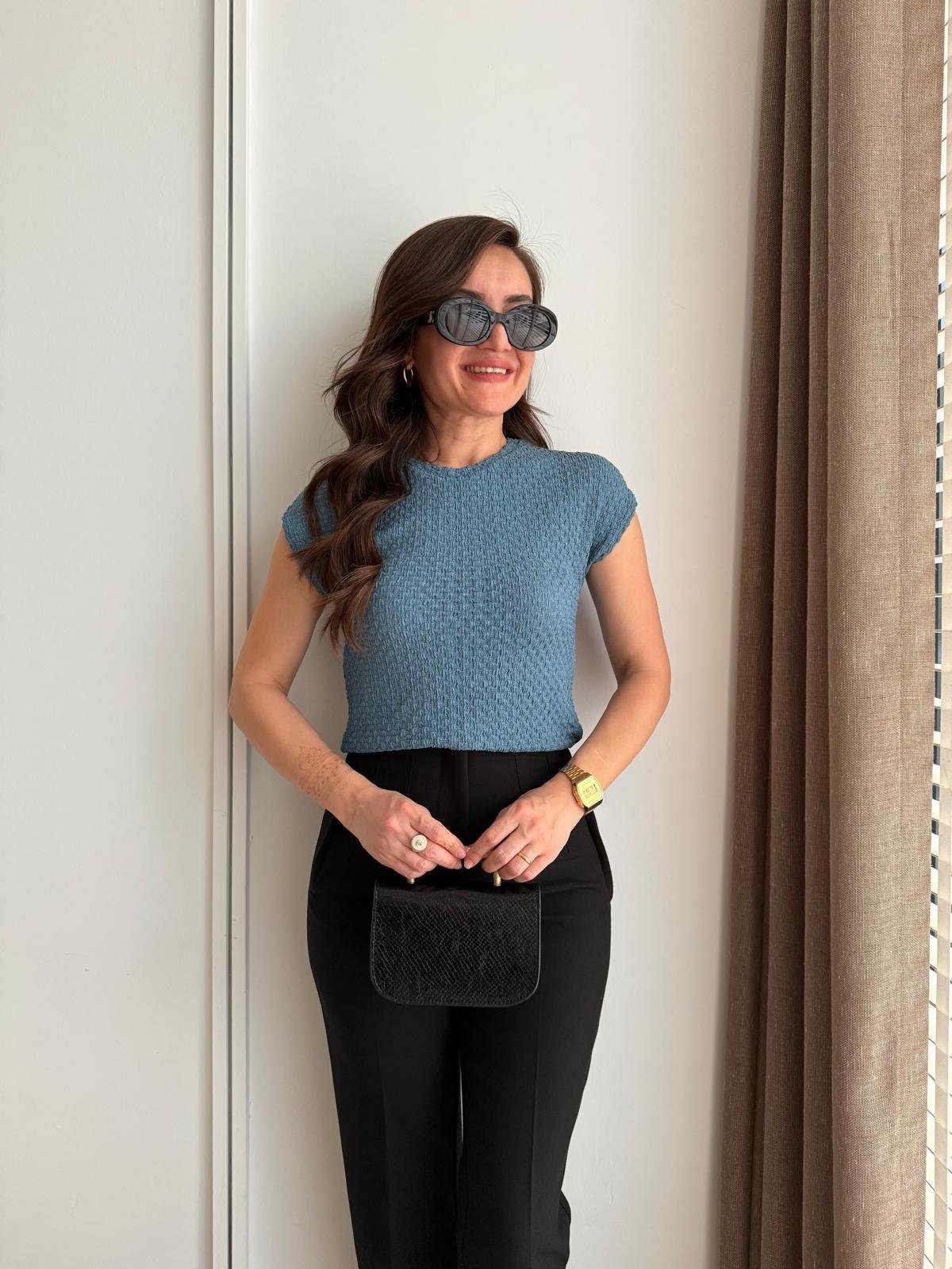 İndigo Gofre Kumaş Bisiklet Yaka Tshirt 08634