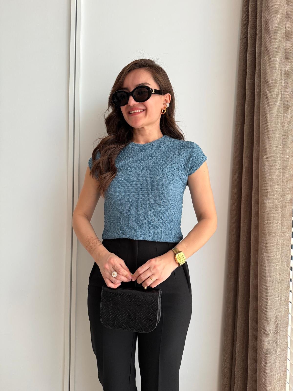 İndigo Gofre Kumaş Bisiklet Yaka Tshirt 08634