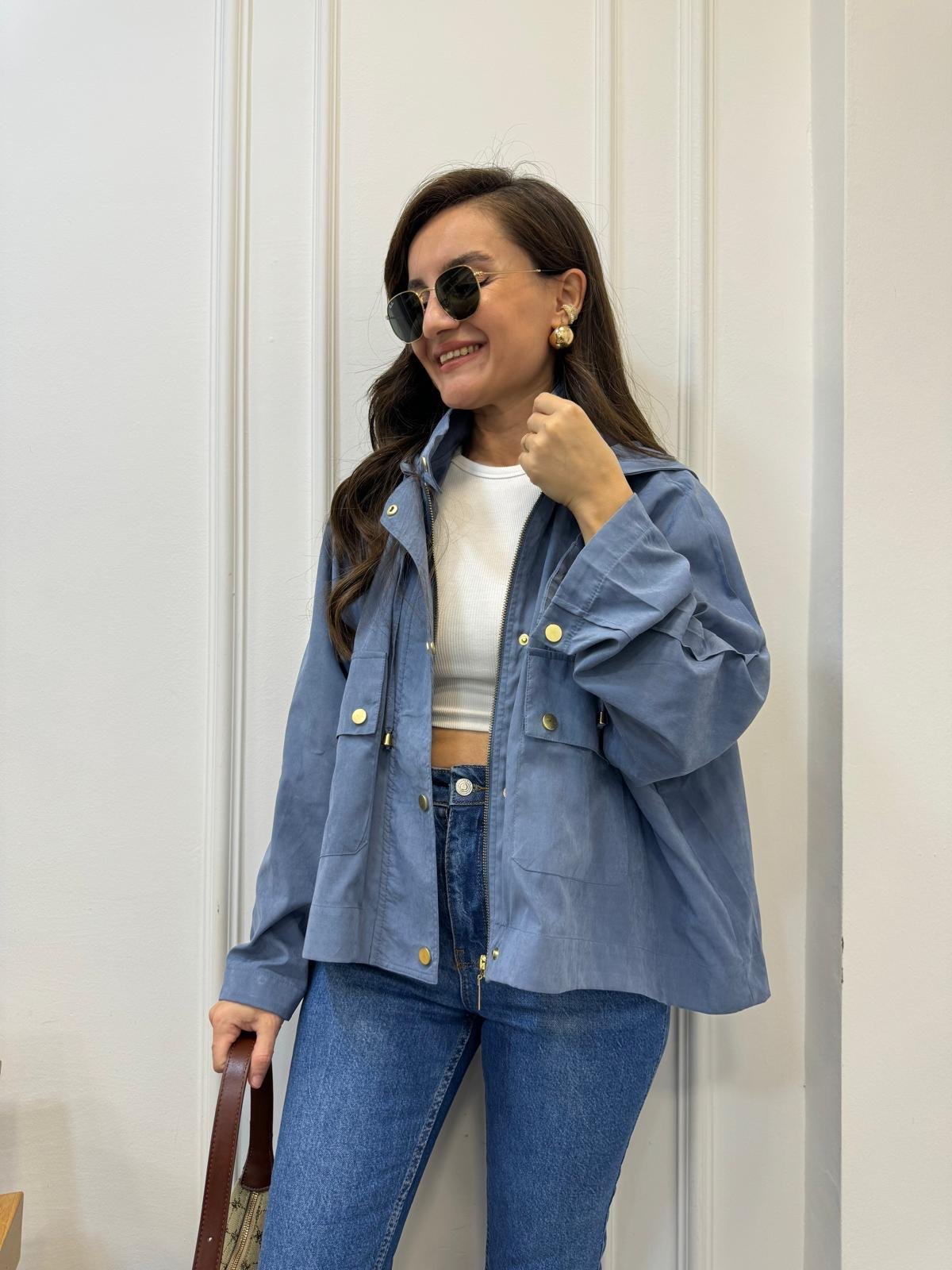 İndigo Gold Düğmeli Cepli Bomber Ceket 1006