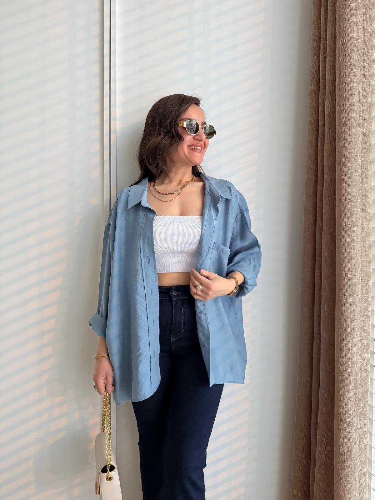 İndigo Lüx Kalite Oversize Gömlek 4612