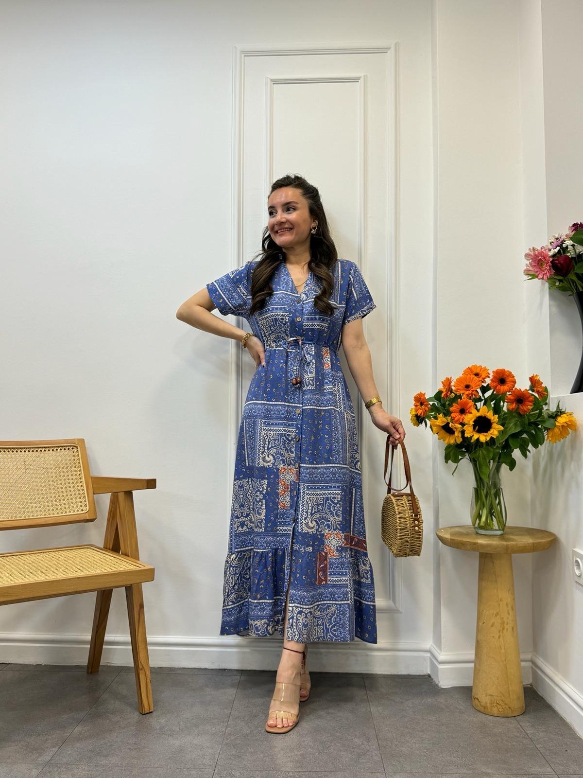 İndigo Patchwork Desen Bel Bağlamalı Gömlek Elbise 3085