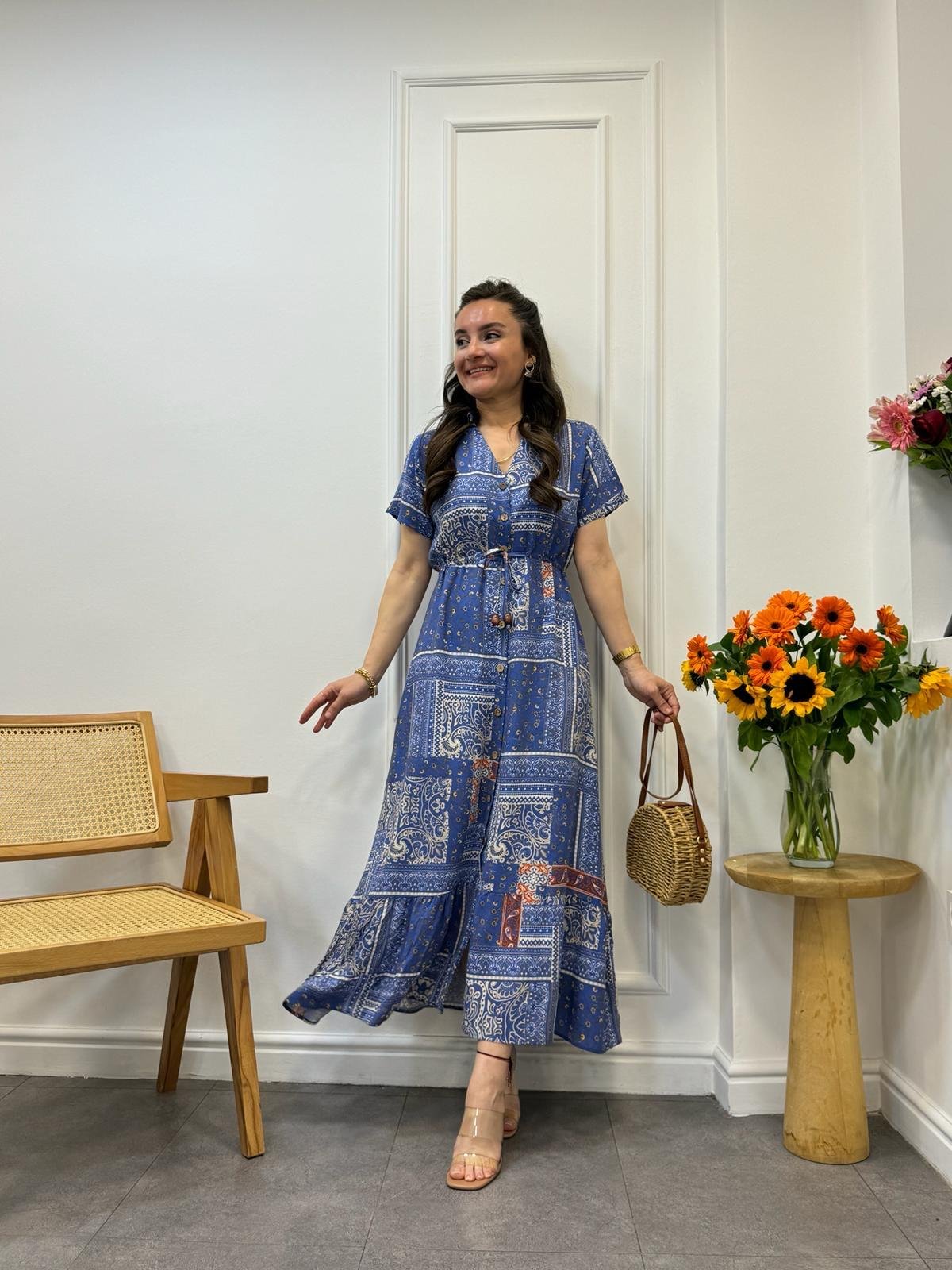 İndigo Patchwork Desen Bel Bağlamalı Gömlek Elbise 3085