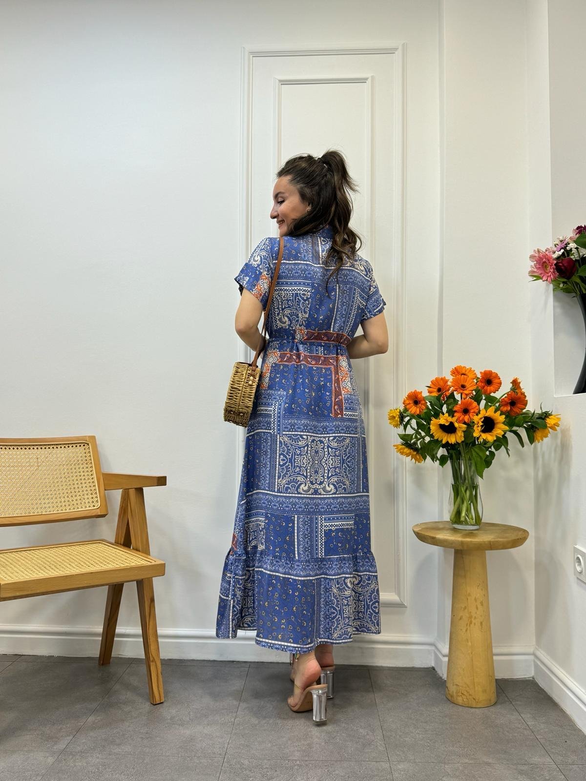 İndigo Patchwork Desen Bel Bağlamalı Gömlek Elbise 3085