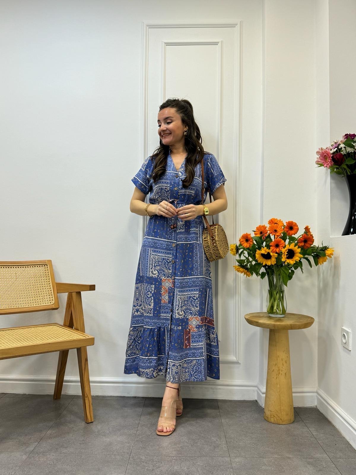 İndigo Patchwork Desen Bel Bağlamalı Gömlek Elbise 3085