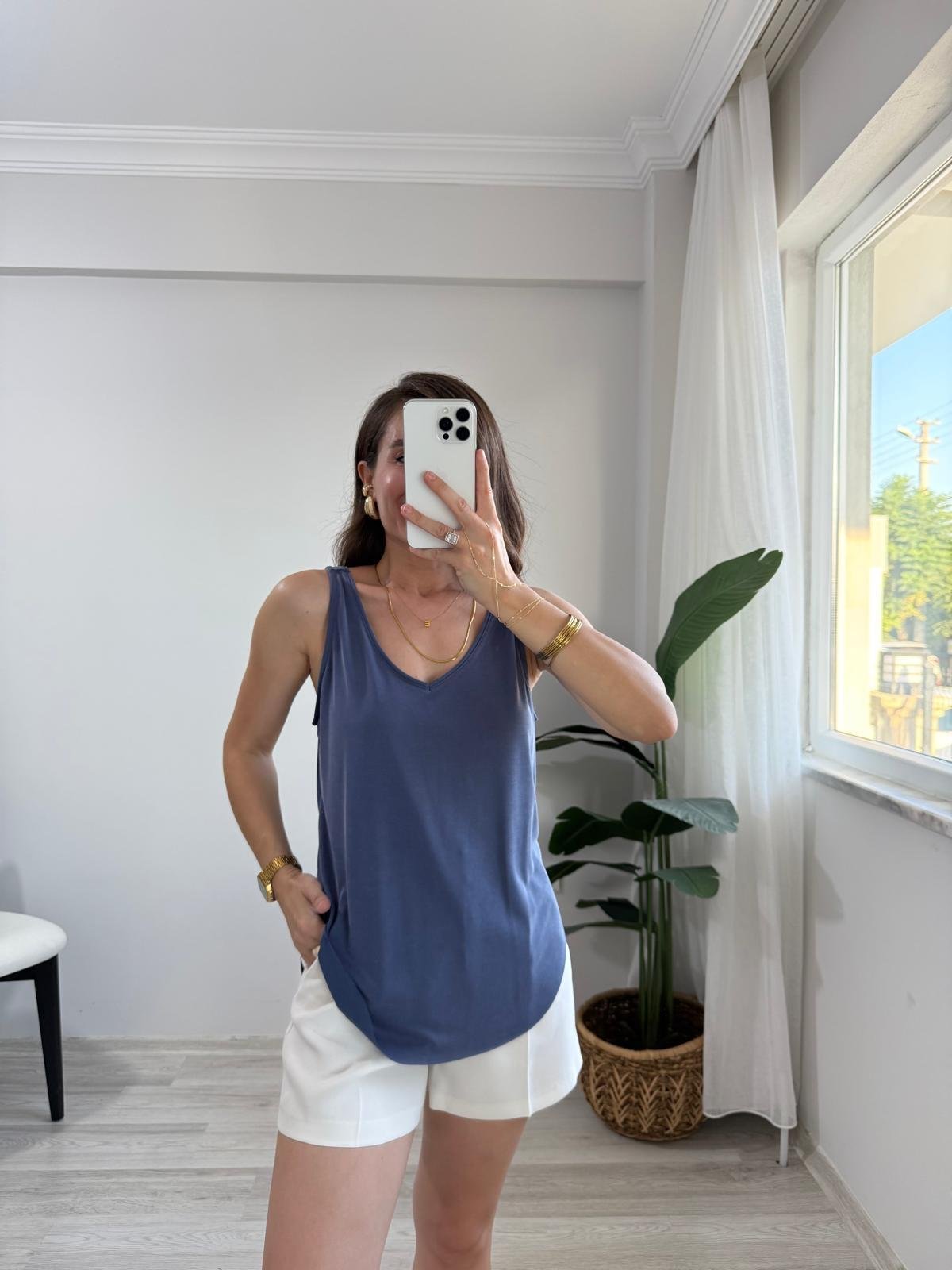 İndigo V Yaka Kalın Askılı Modal Kumaş Atlet 30110