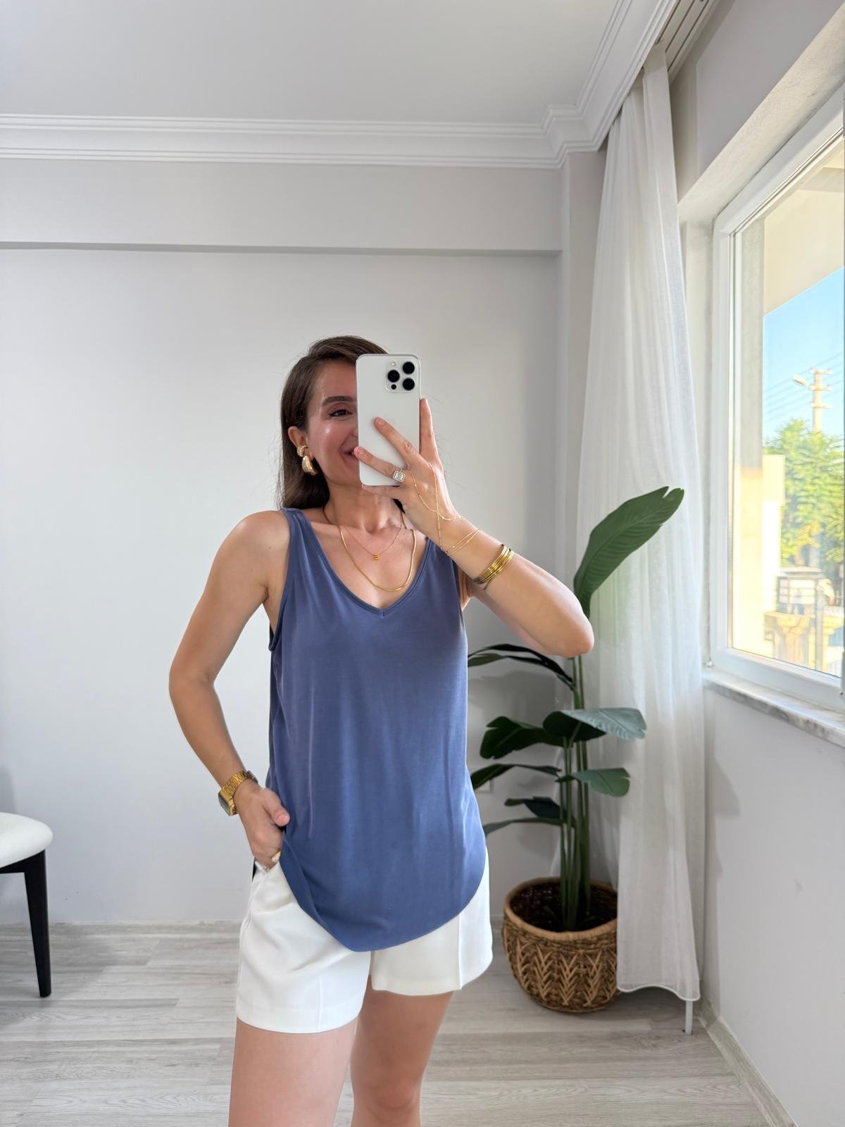 İndigo V Yaka Kalın Askılı Modal Kumaş Atlet 30110