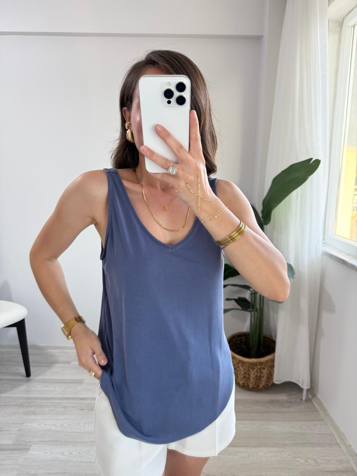 İndigo V Yaka Kalın Askılı Modal Kumaş Atlet 30110