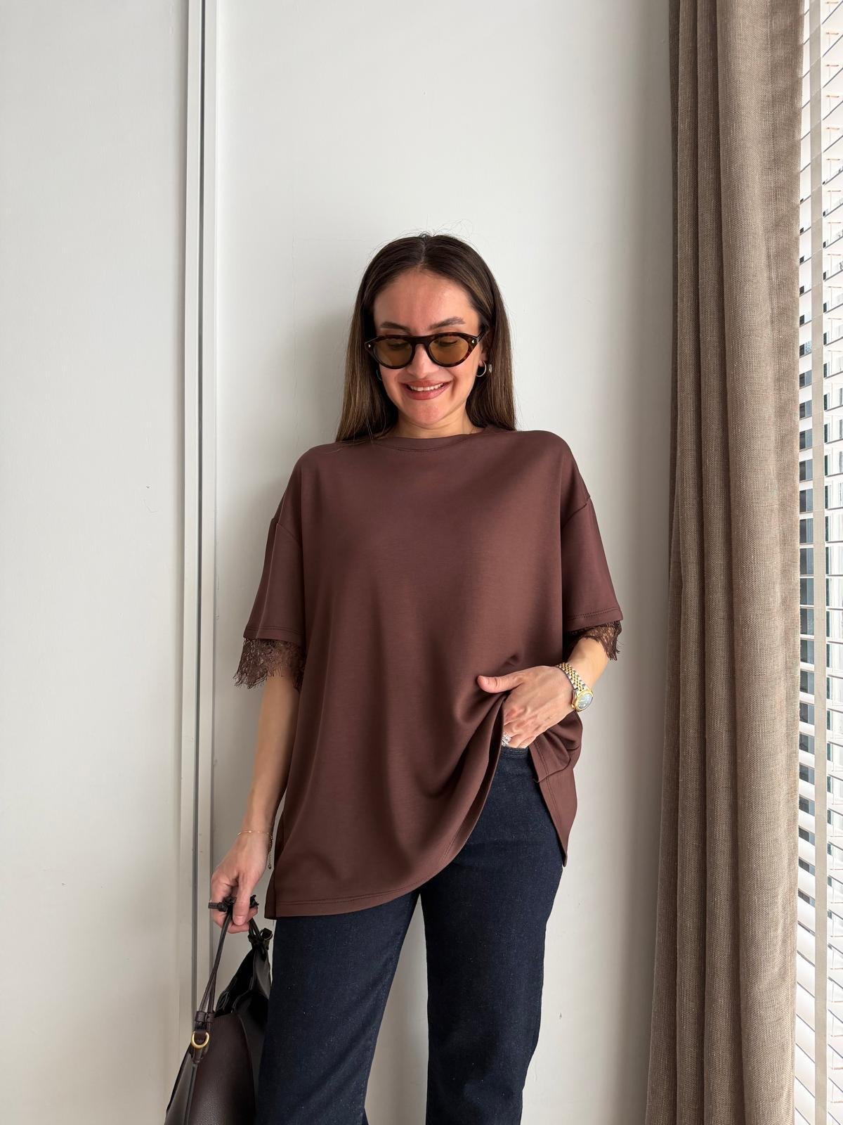 Kahve rengi Arkası Dantelli Tshirt 1073