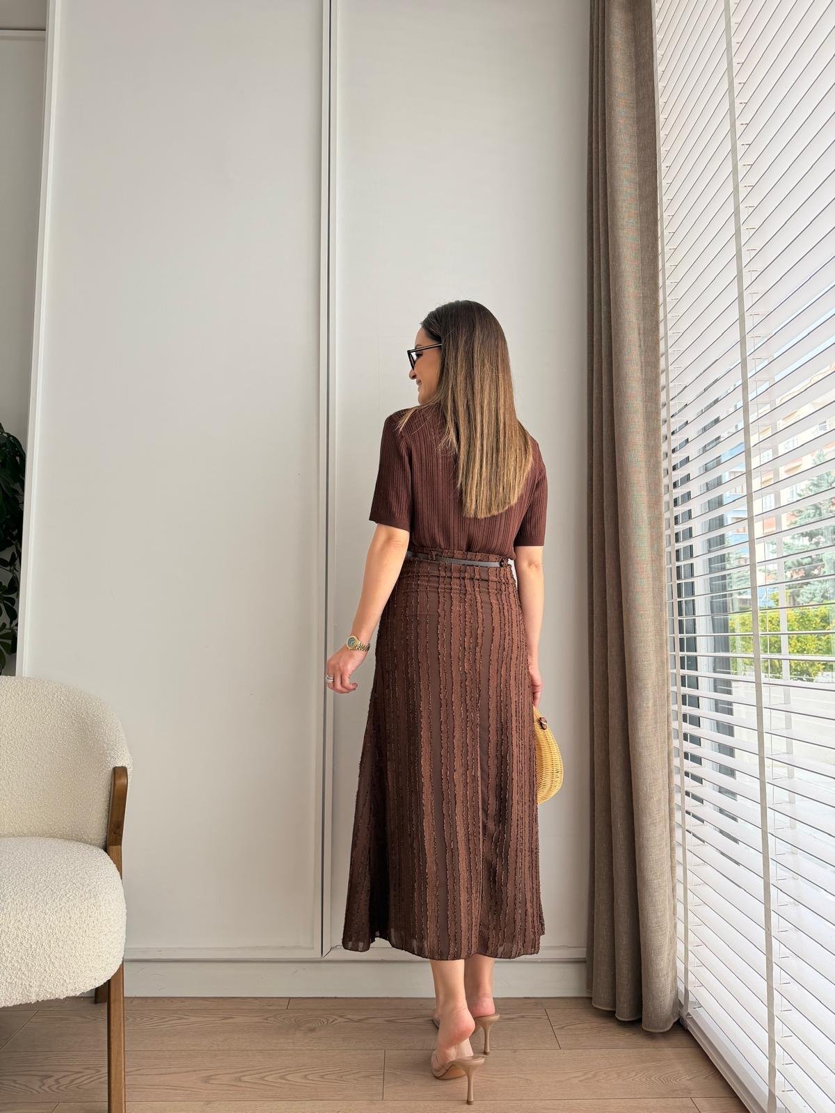 Kahve rengi Asimetrik Dokuma Kemerli Etek 5096