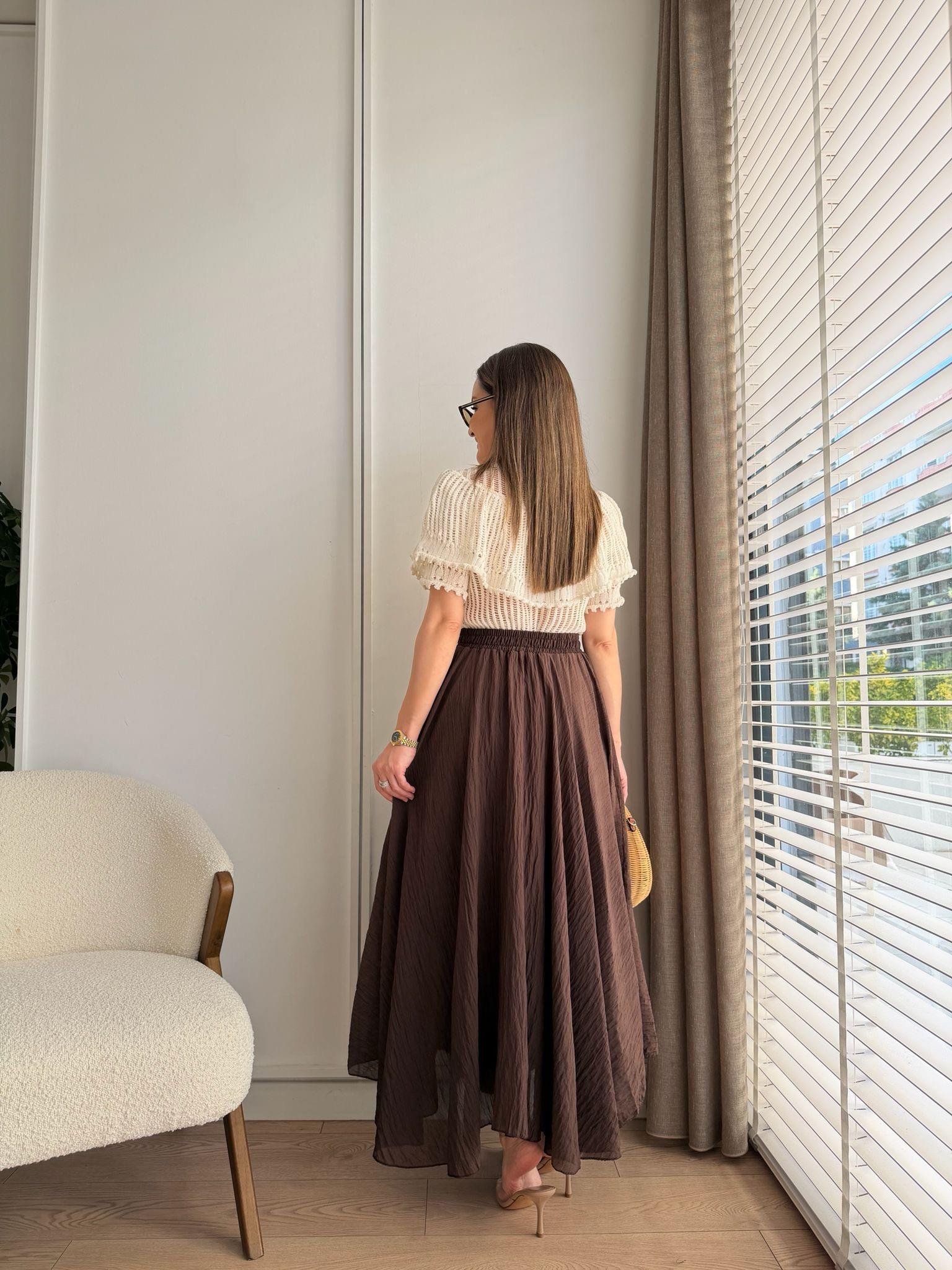 Kahve rengi Asimetrik Kesim Astarlı Etek 261022