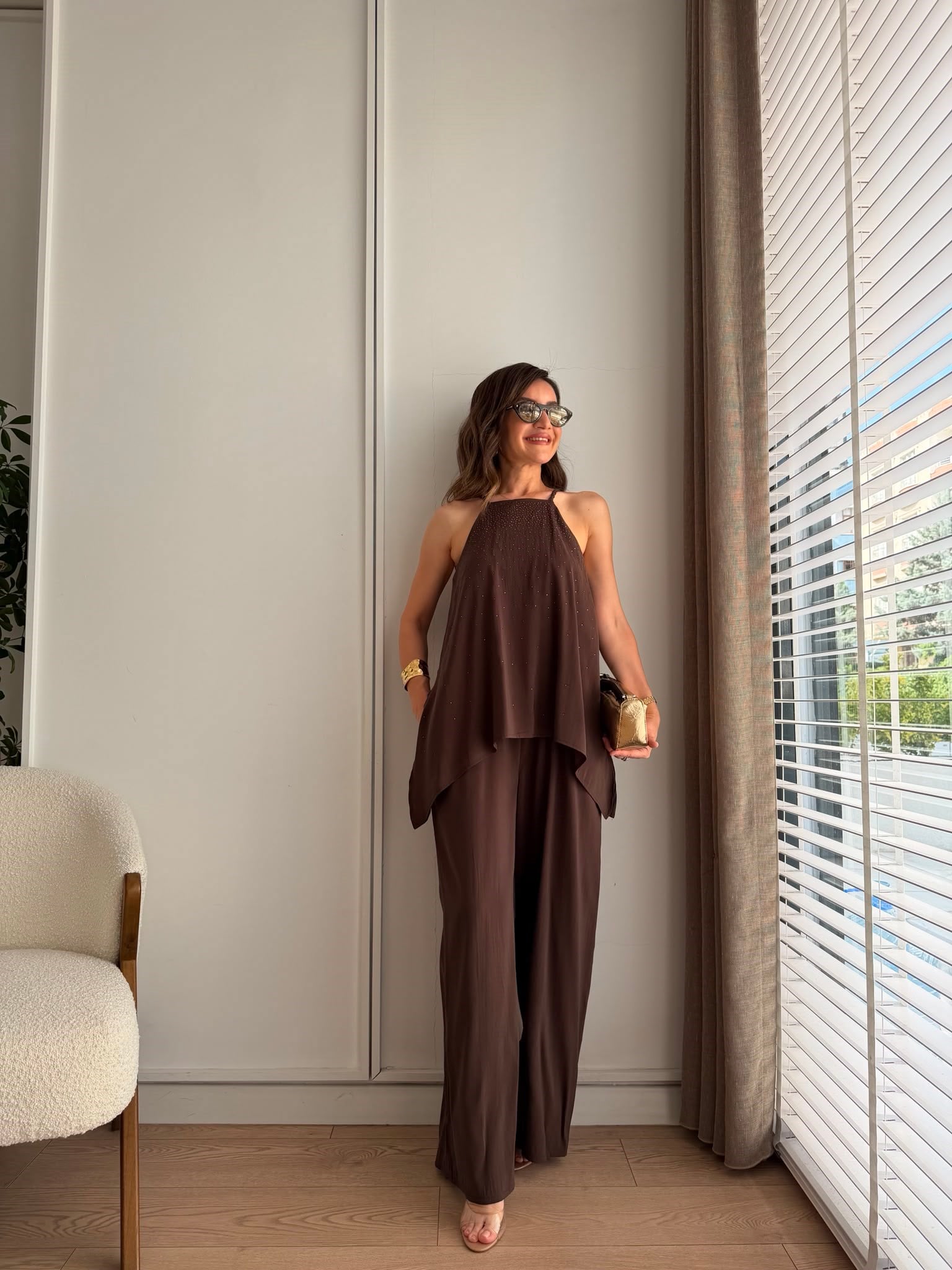 Kahve rengi Askılı Taşlı Tensel Tulum 3464