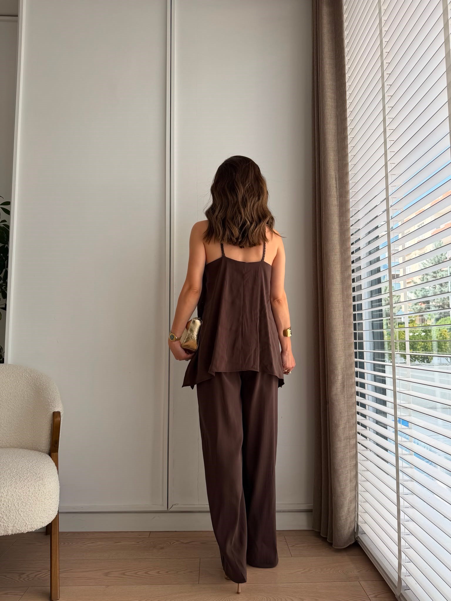 Kahve rengi Askılı Taşlı Tensel Tulum 3464