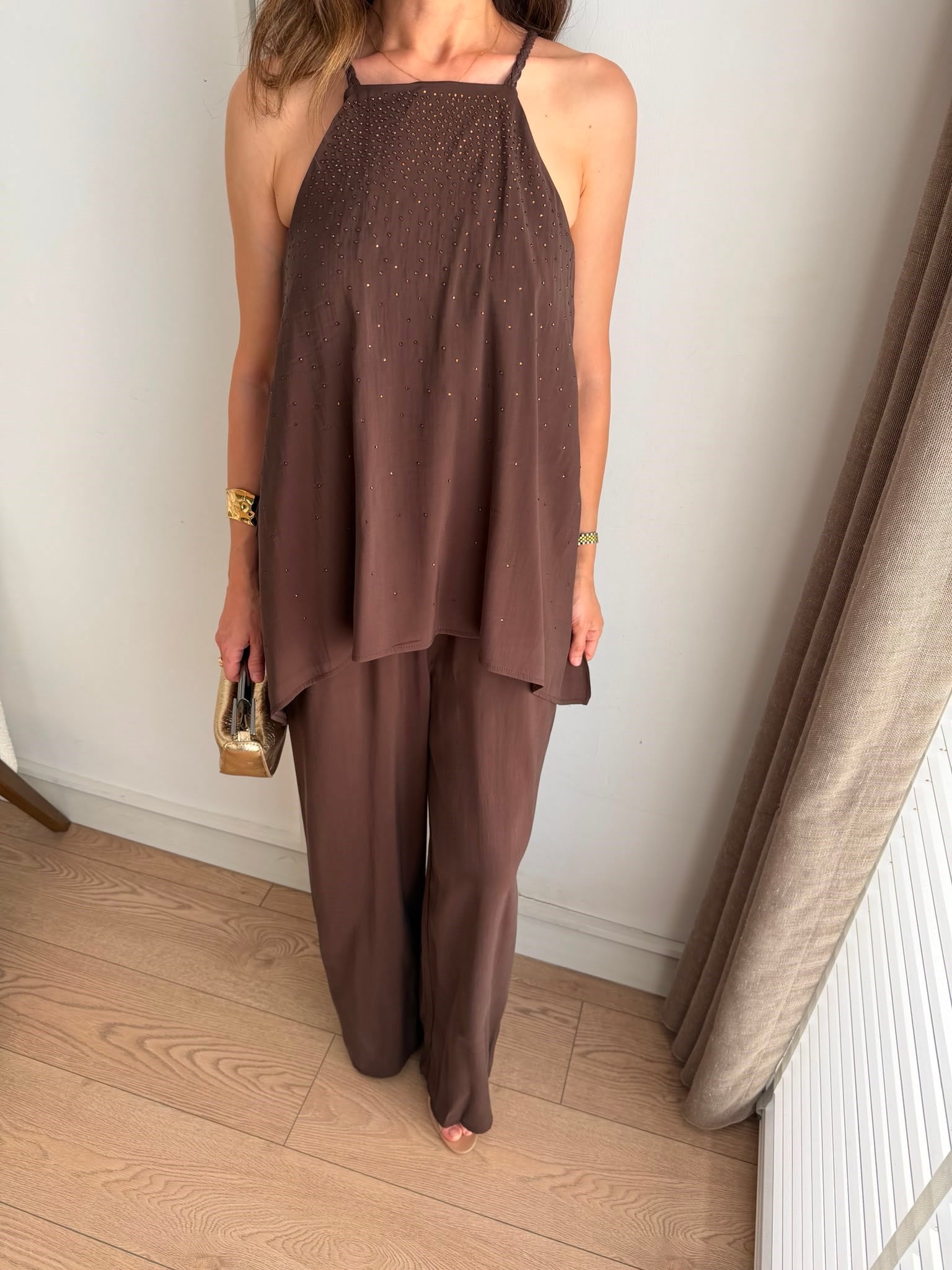 Kahve rengi Askılı Taşlı Tensel Tulum 3464