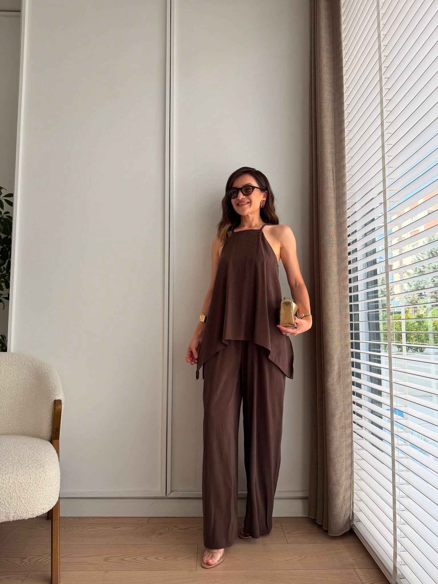 Kahve rengi Askılı Taşlı Tensel Tulum 3464