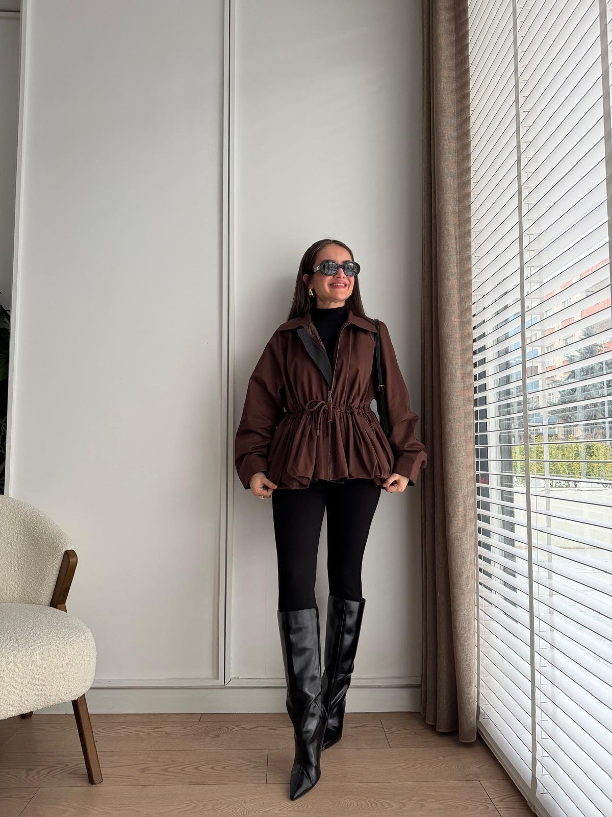Kahve rengi Astarlı Balon Etekli Trenç 37034