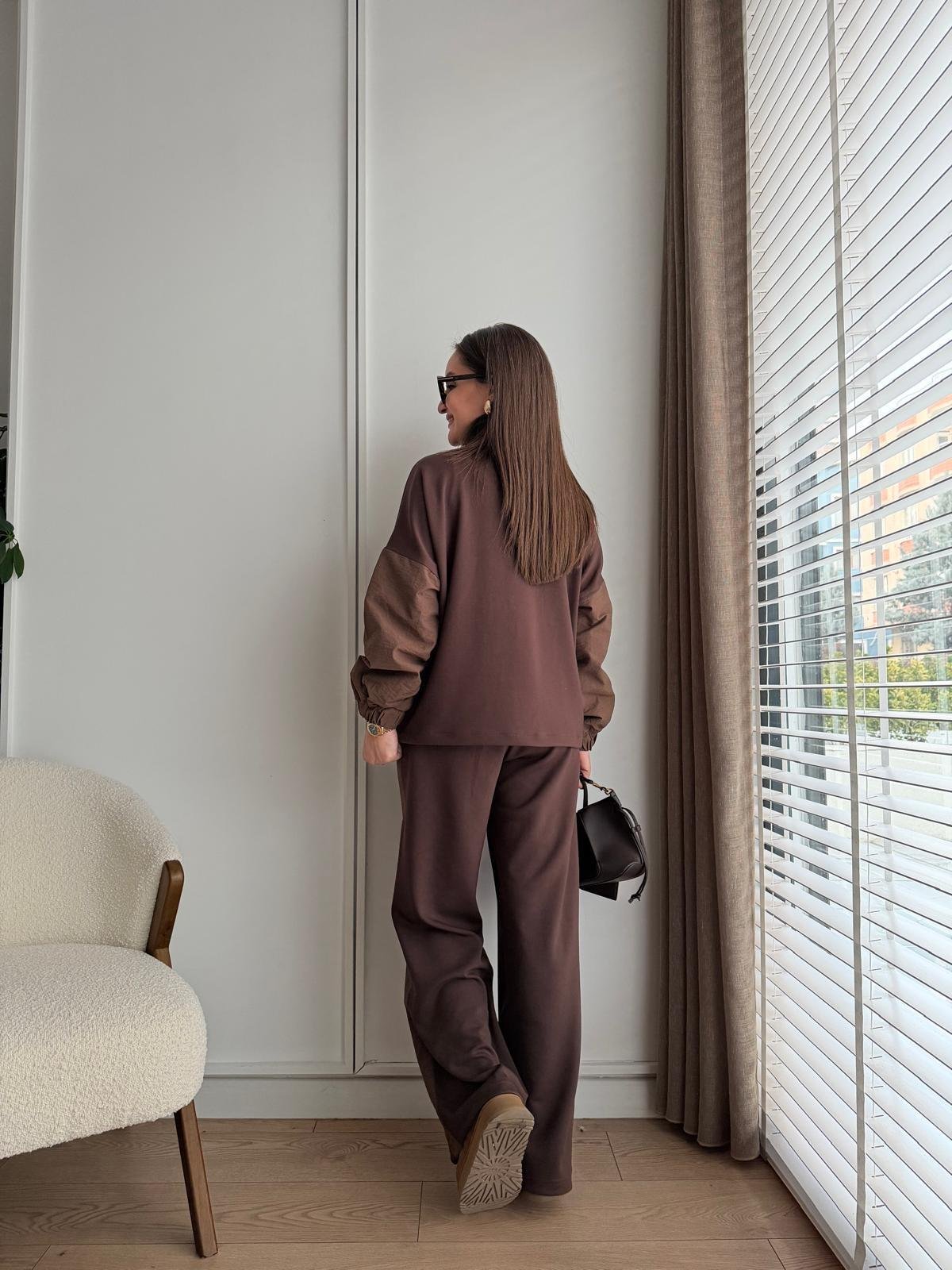 Kahve rengi Astarlı Paraşüt Kumaş Detaylı Ceket Pantolon Takım 36851