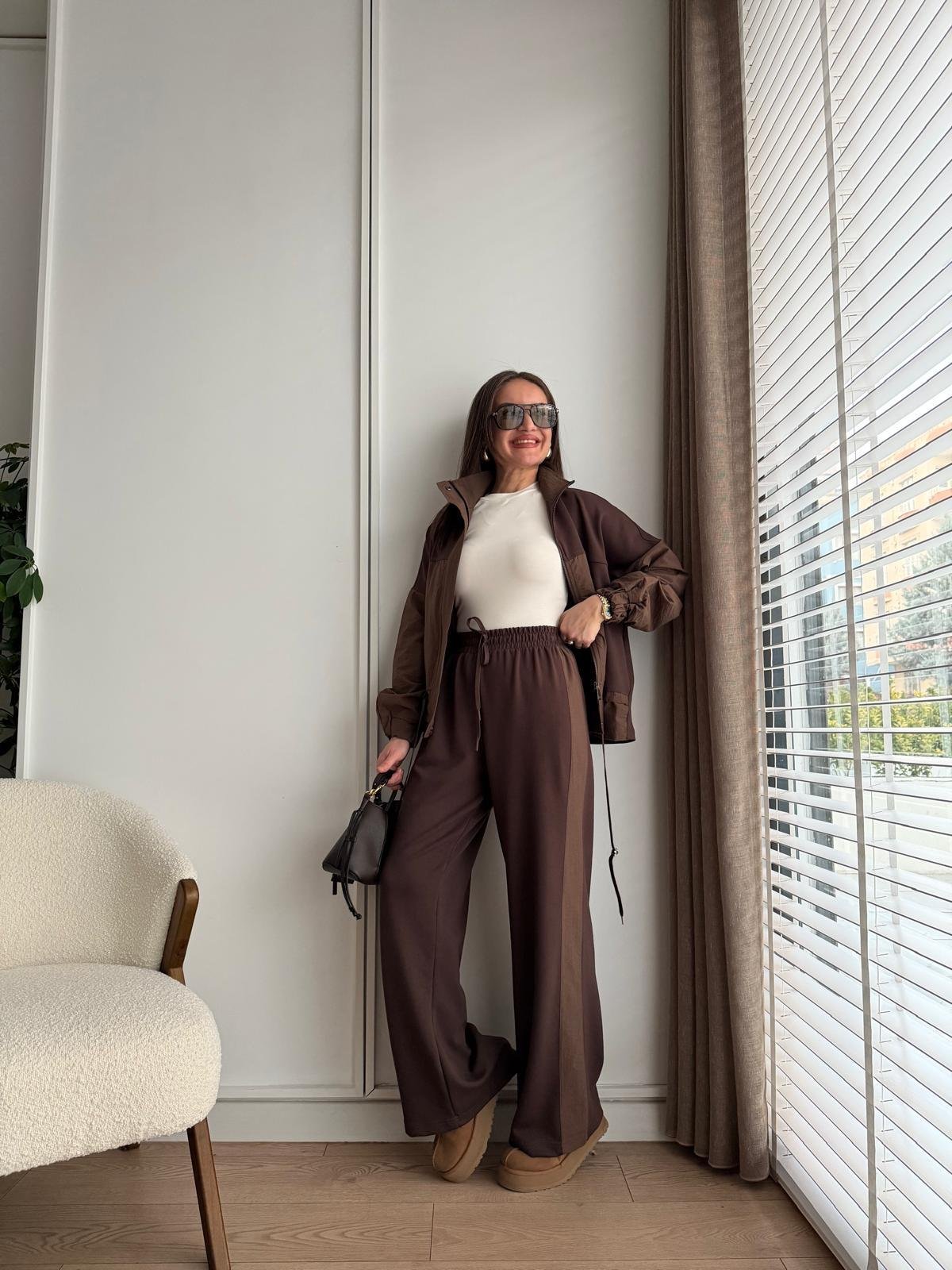 Kahve rengi Astarlı Paraşüt Kumaş Detaylı Ceket Pantolon Takım 36851
