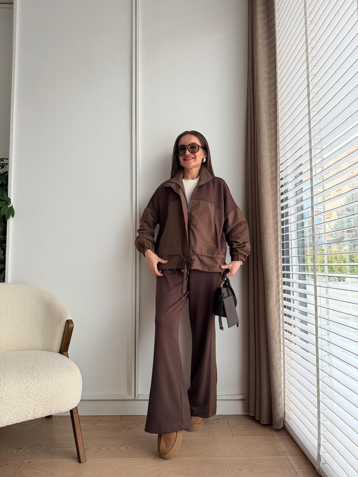 Kahve rengi Astarlı Paraşüt Kumaş Detaylı Ceket Pantolon Takım 36851