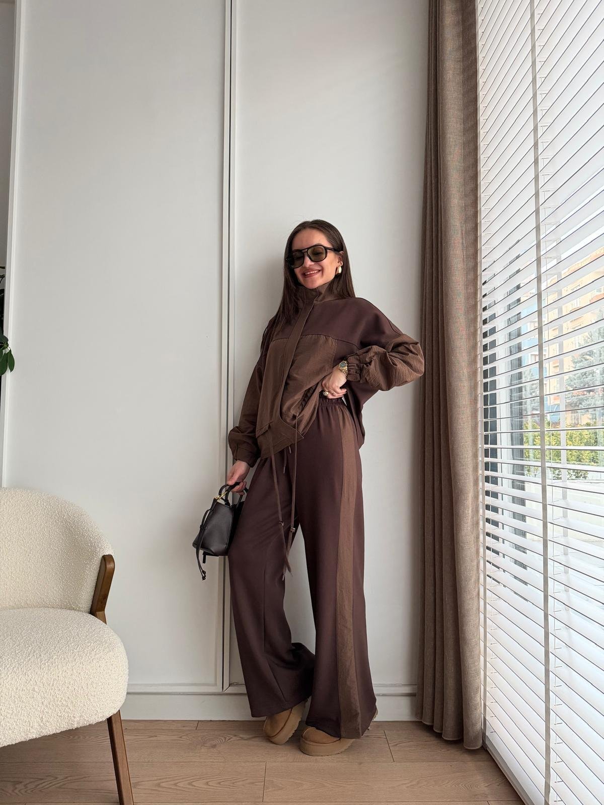 Kahve rengi Astarlı Paraşüt Kumaş Detaylı Ceket Pantolon Takım 36851