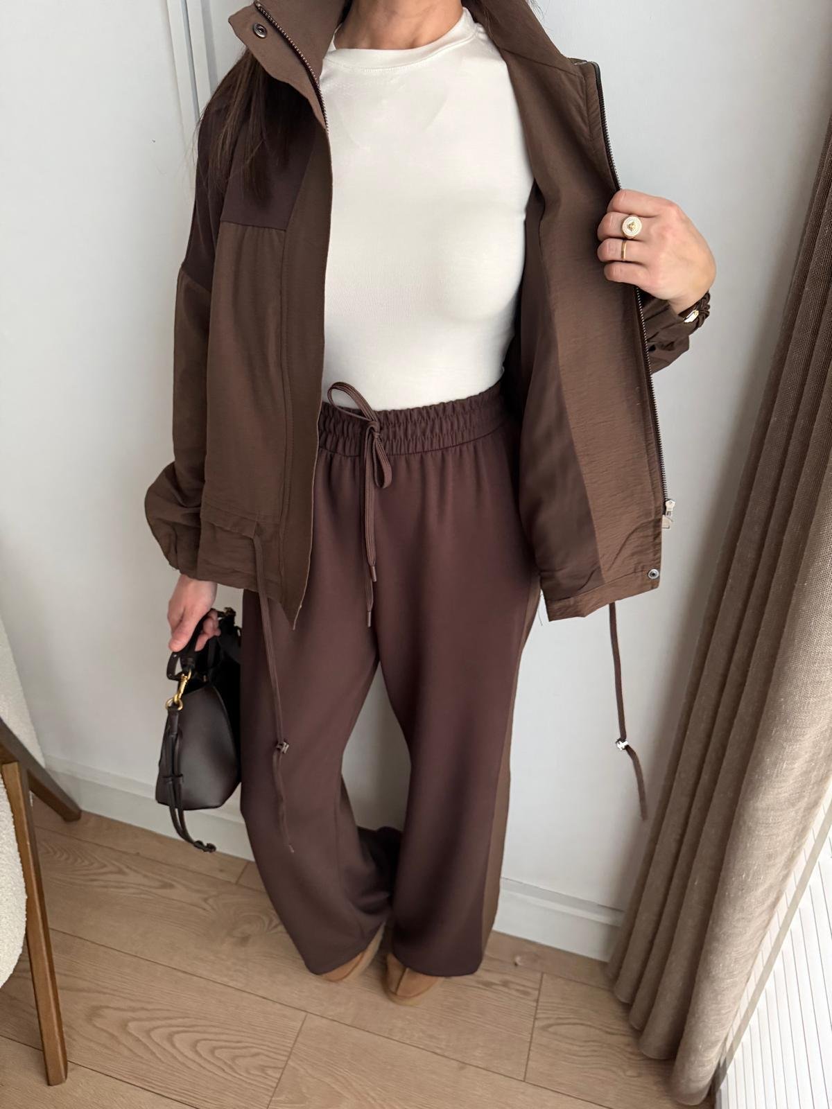 Kahve rengi Astarlı Paraşüt Kumaş Detaylı Ceket Pantolon Takım 36851
