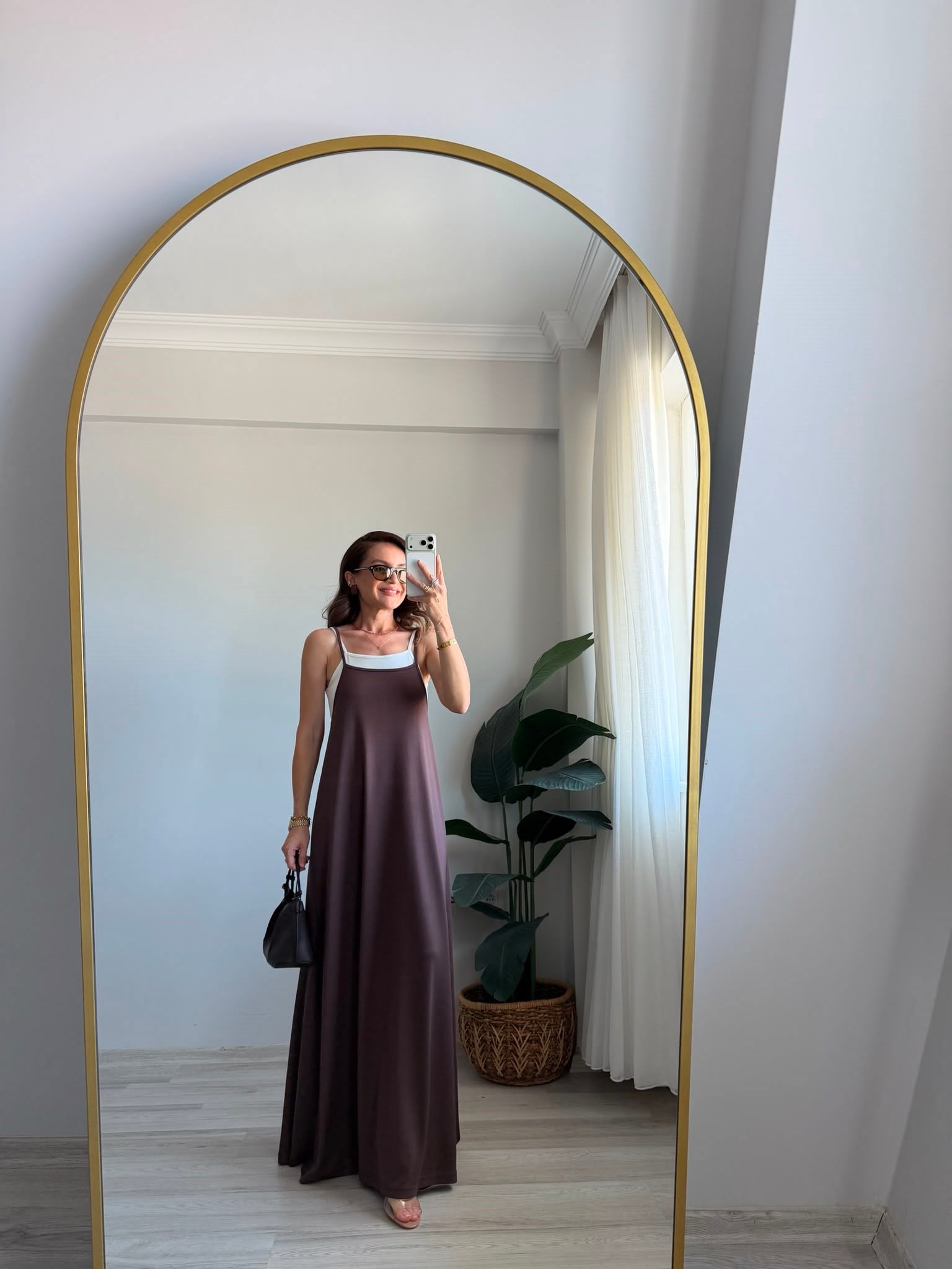 Kahve rengi Atletli Modal Askılı Elbise 4171