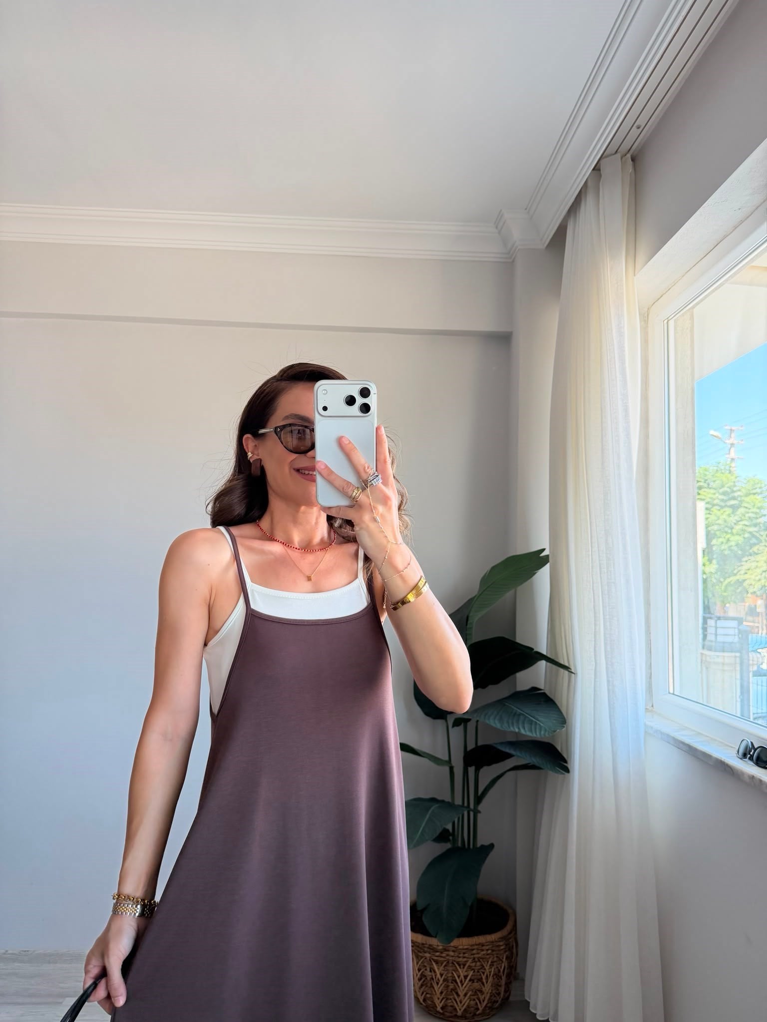 Kahve rengi Atletli Modal Askılı Elbise 4171
