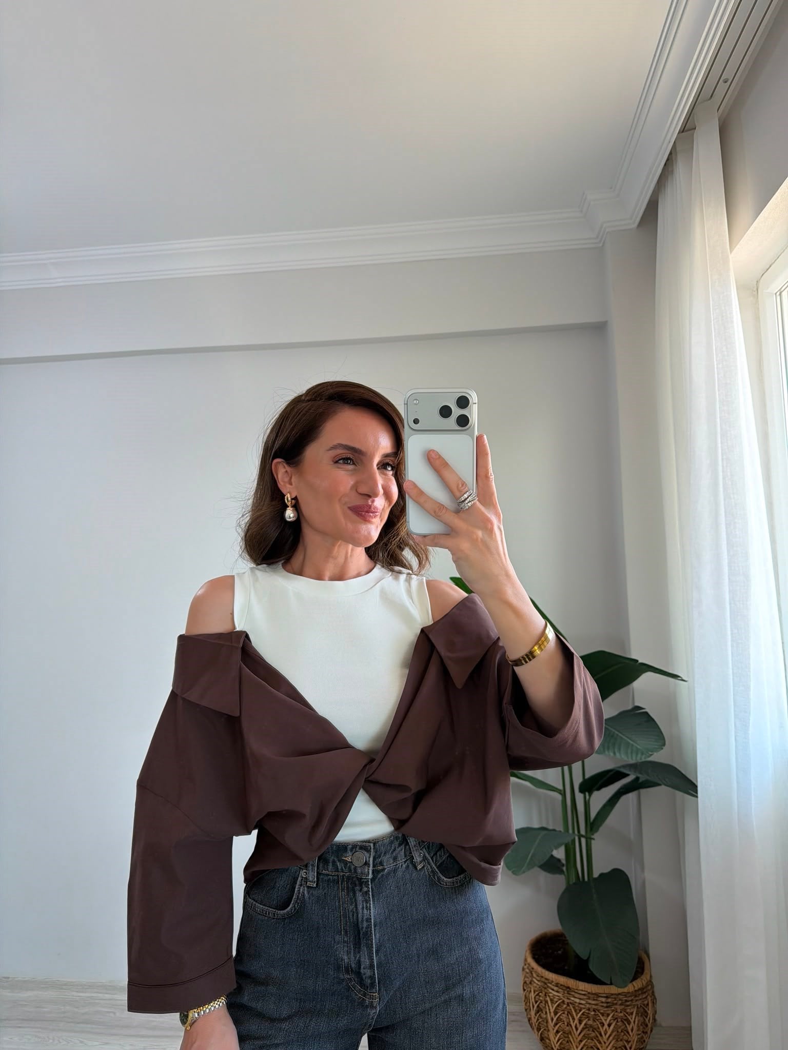 Kahve rengi Atletli Poplin Gömlek 1118