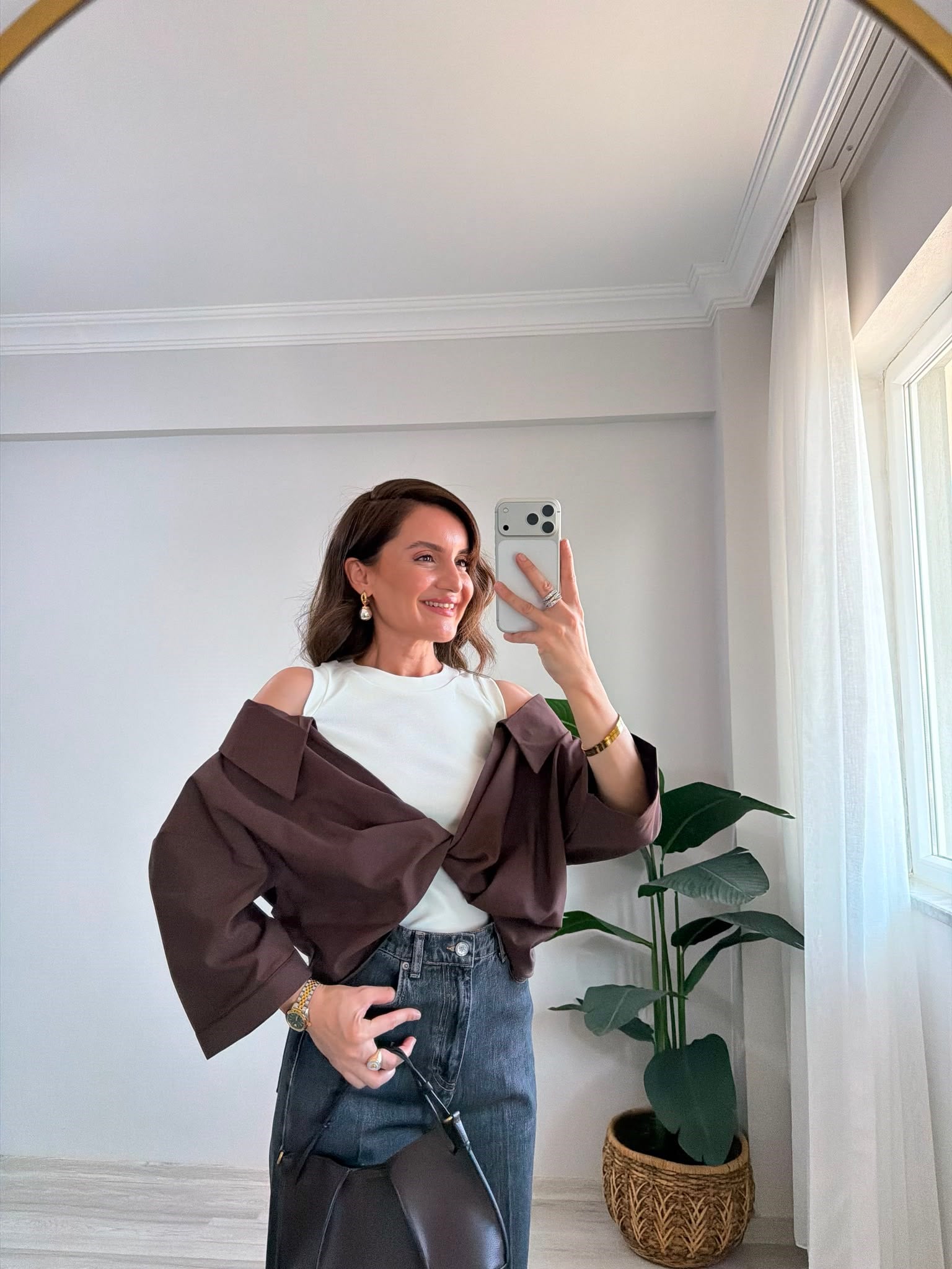 Kahve rengi Atletli Poplin Gömlek 1118