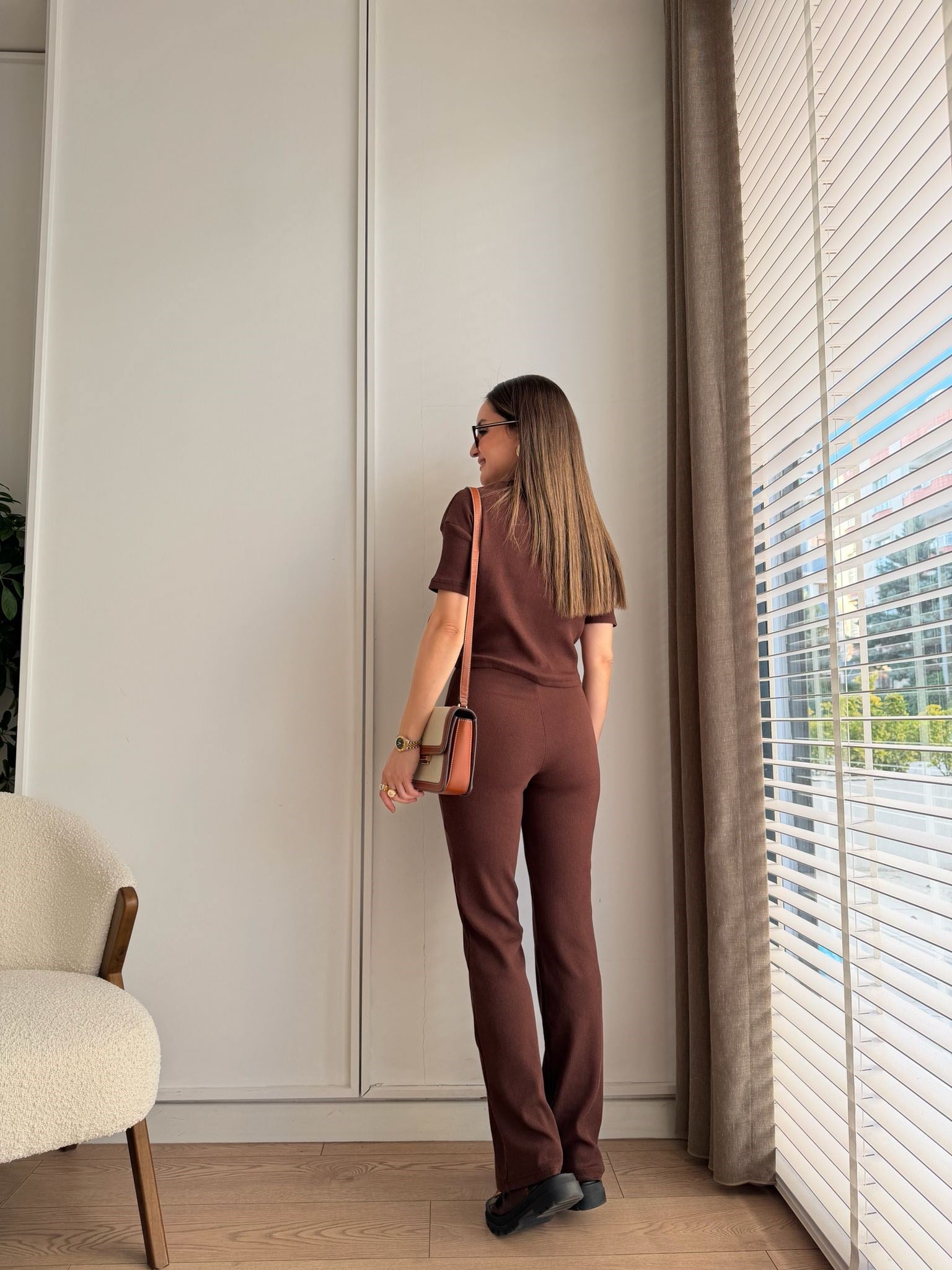 Kahve rengi Bağcıklı Slimfit Basic Takım 3105
