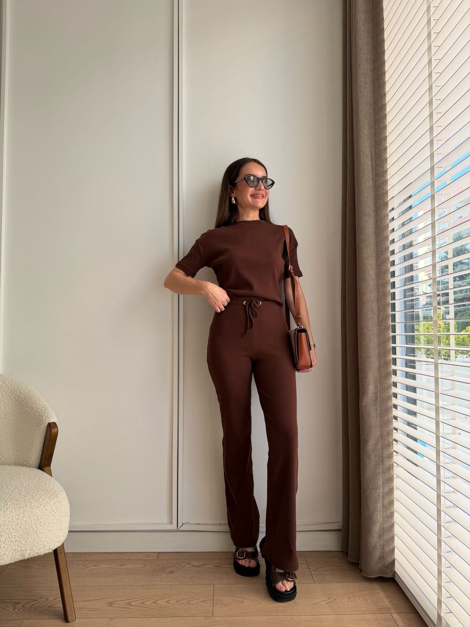 Kahve rengi Bağcıklı Slimfit Basic Takım 3105