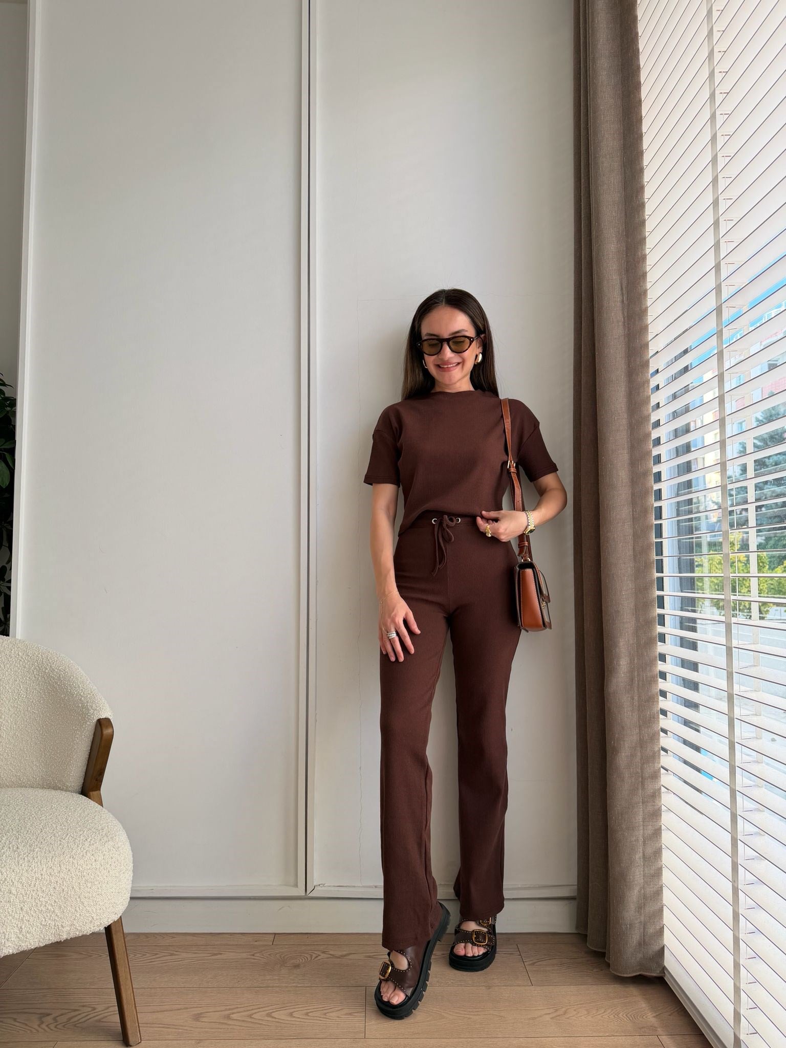 Kahve rengi Bağcıklı Slimfit Basic Takım 3105