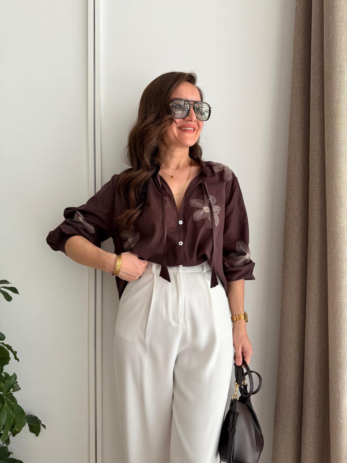 Kahve rengi Bağlamalı Çiçek Nakışlı Gömlek 36308