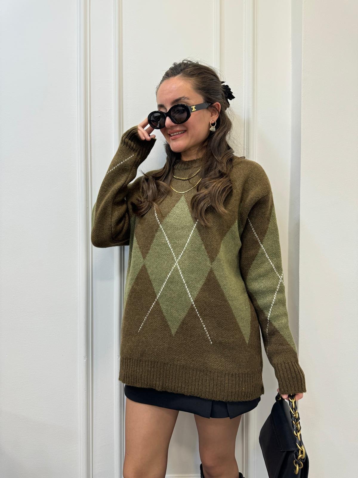 Kahve rengi Baklava Desen Triko Kazak 610061