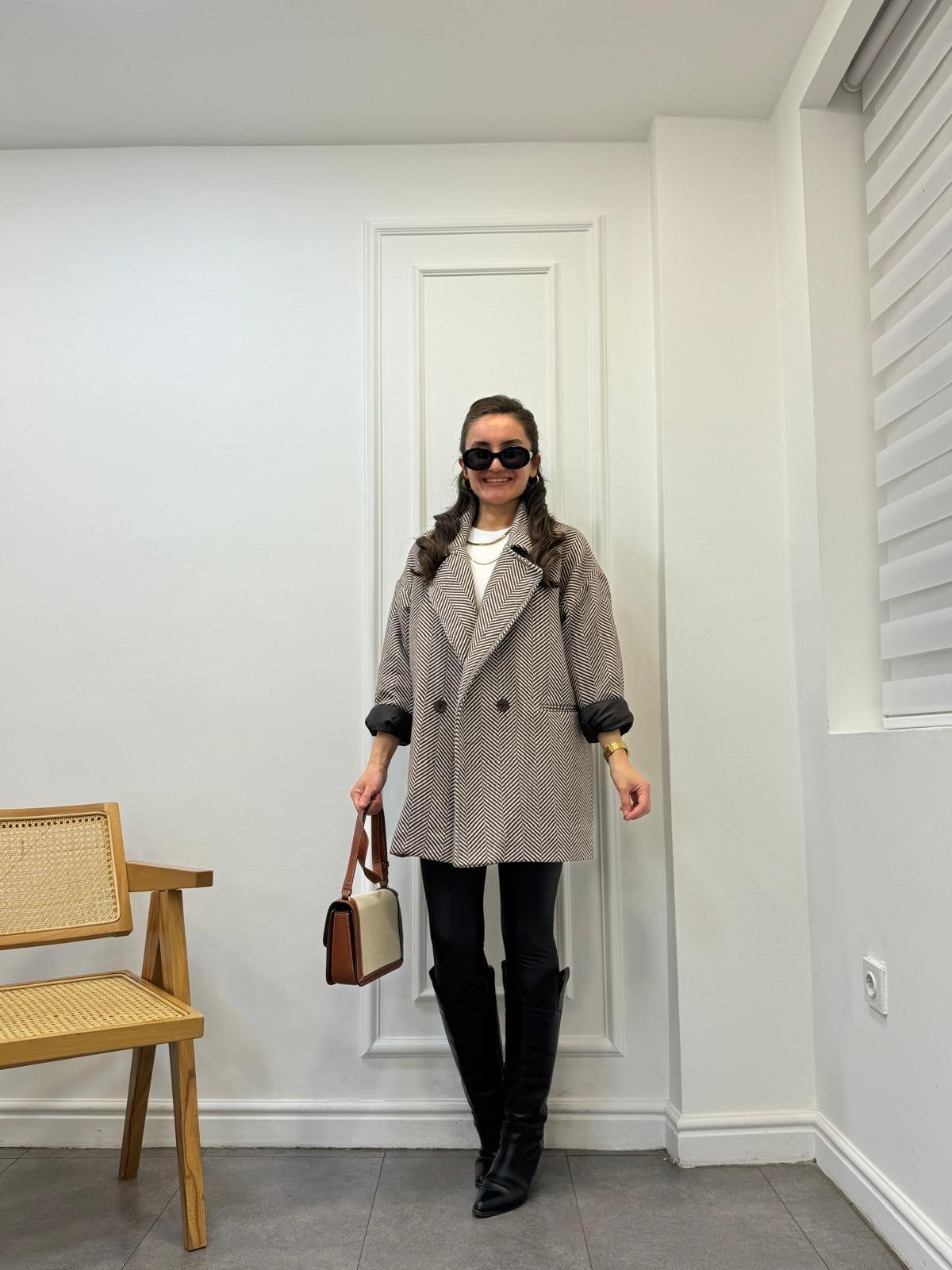 Kahve rengi Balık Sırtı Oversize Astarlı Kaban 9252