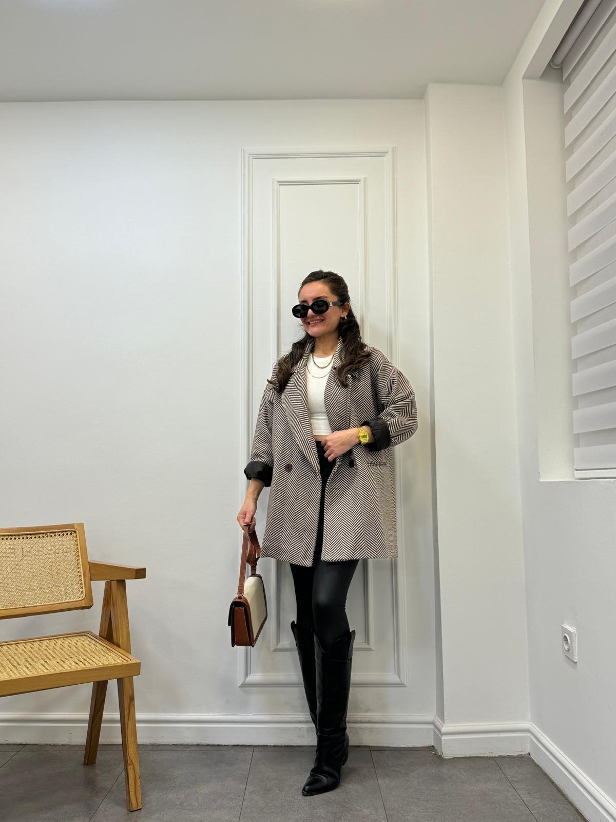 Kahve rengi Balık Sırtı Oversize Astarlı Kaban 9252