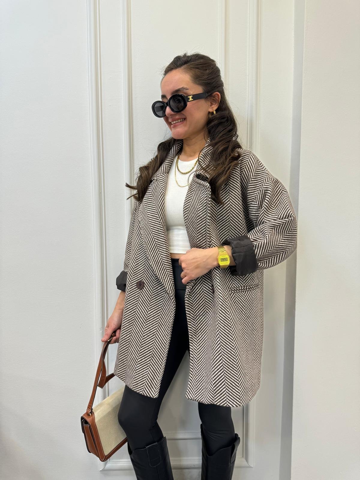 Kahve rengi Balık Sırtı Oversize Astarlı Kaban 9252