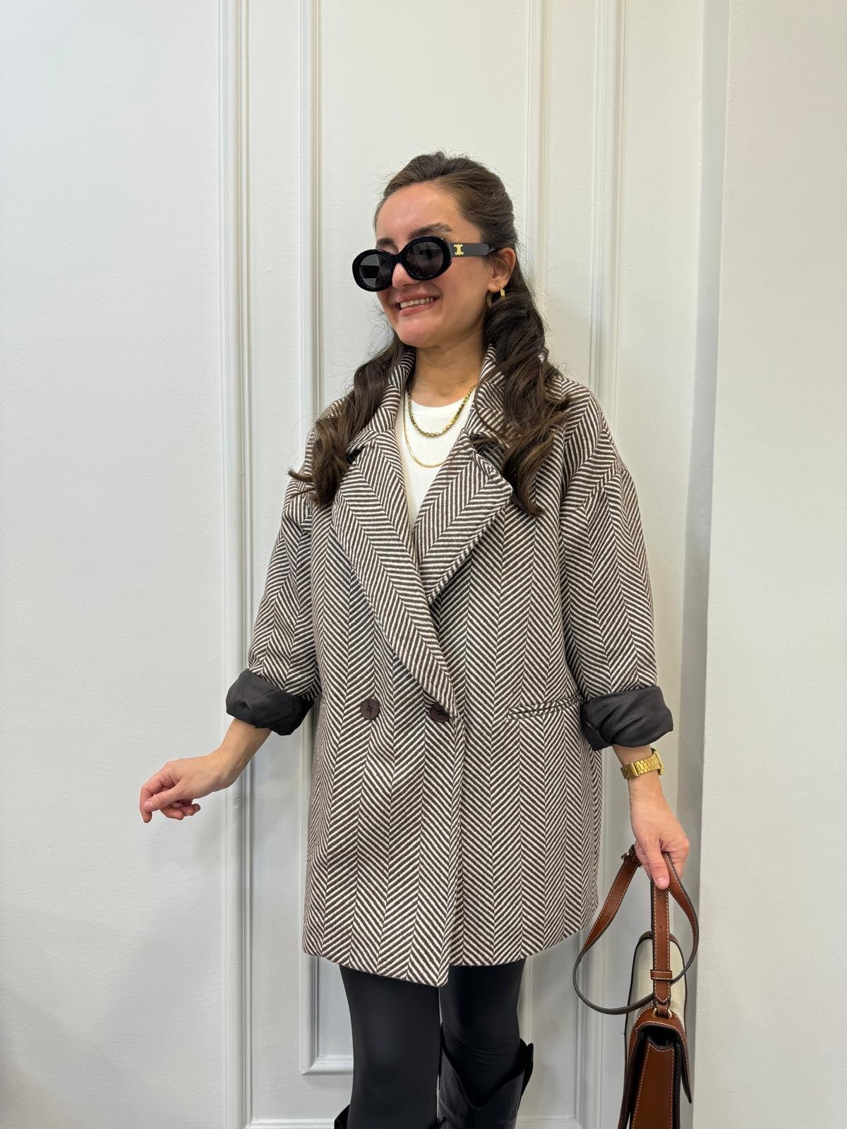 Kahve rengi Balık Sırtı Oversize Astarlı Kaban 9252