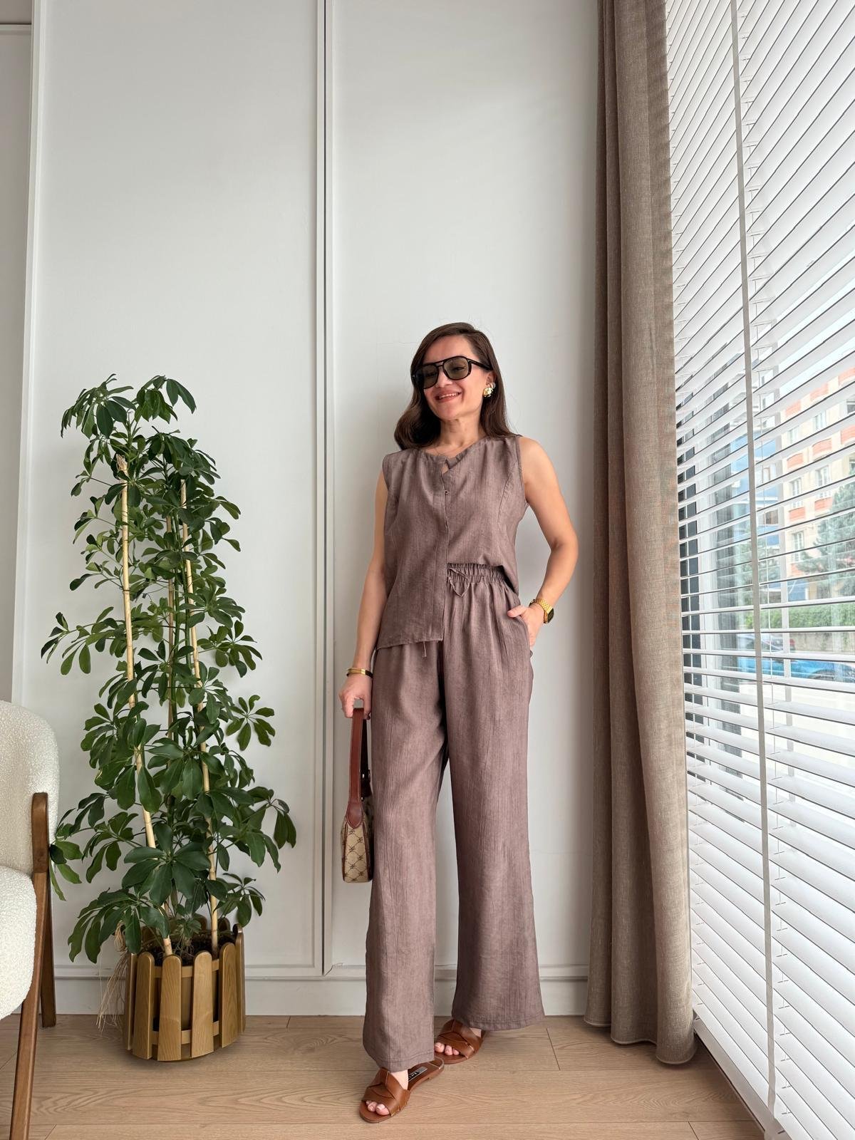 Kahve rengi Bambu Kumaş Düğmeli Bluz Pantolon Takım 505